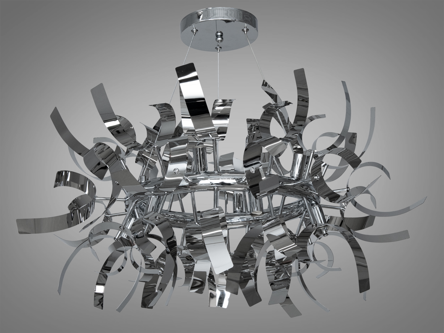 Люстра в стилі арт-деко для холу є стильним і сучасним освітлювальним рішенням, виконаним з металу. Її незвичайна форма привертає увагу: металеві елементи вигнуті у динамічних згинах, створюючи ефект об