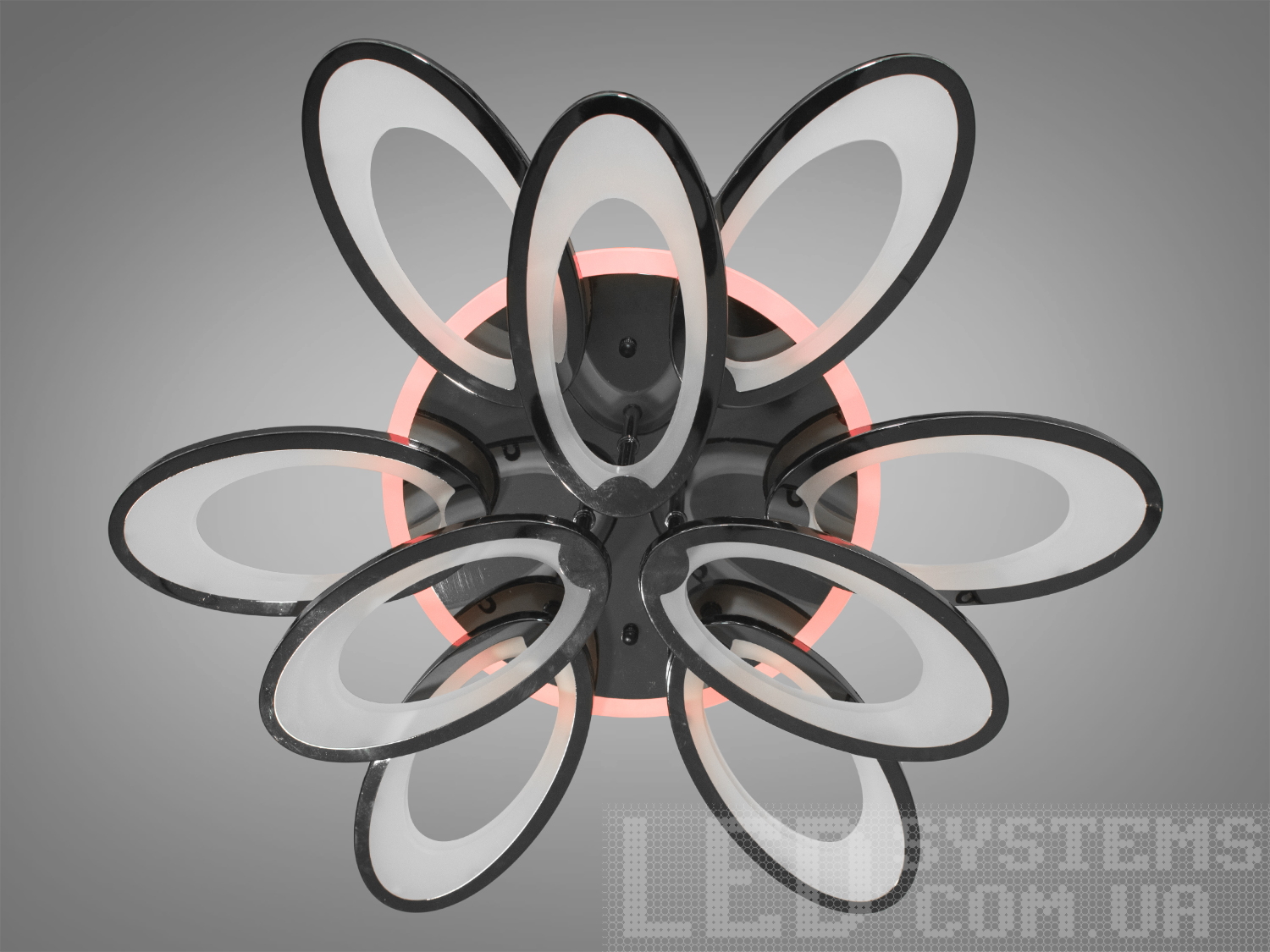 LED люстра для залу з пультом з 3-х кольоровим підсвічуванням та з димером підходить на площу приміщення приблизно 20кв.м.
Світлодіодна люстра має кілька режимів: холодний 6400К, нейтральний 4500К, теплий 2700К, кольорове підсвічування, суміщений режим &ndash; будь-яке основне світло плюс будь-який колір світлодіодного підсвічування. Регулювання яскравості люстри від 5 до 100% відбувається за допомогою пульта дистанційного керування, що входить до комплекту.
Люстра світить яскраво, але не сліпить за рахунок матеріалу &ndash; акрилу, до того ж цей матеріал дуже міцний &ndash; його важко зашкодити. Застосовується для зали, вітальні, кухні, спальні, їдальні, дитячої, оскільки відсутні елементи, що б'ються. Кріпиться до підвісних, натяжних, звичайних стель.