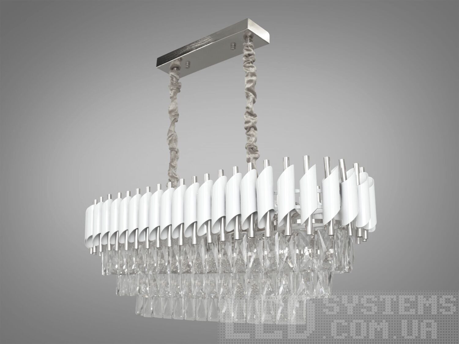 Кришталева сучасна люстра овальної форми в сучасному стилі для їдальні, вітальні, залу підходить також для довгастих кімнат. Пропорції овальних люстр ідеально гармоніюють з великими обідніми столами.&nbsp;Люстра спеціально розрахована так, що максимум яскравого світла потрапить на стіл, а інший простір приміщення наповниться м'яким світлом розсіяний кришталевими підвісками.&nbsp;Стельове кріплення на планку універсальне і підходить для навісних, натяжних і звичайних стель. Люстра-подвес під звичайні лампочки розжарювання, економки, або світлодіодні лампи з цоколем Е14.&nbsp;
Увага. Вага люстри 12,5кг.