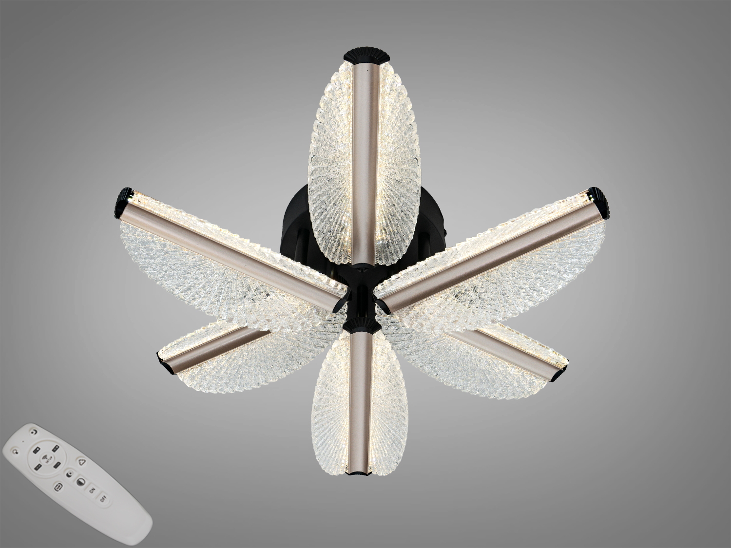 Стельова LED-люстра Diasha, шампань, 55 W, для до 10 м². 6 акрилових модулів, димер, 3 температури світла 3200/4100/6500К. Керування пультом і настінним вимикачем, низький профіль.
