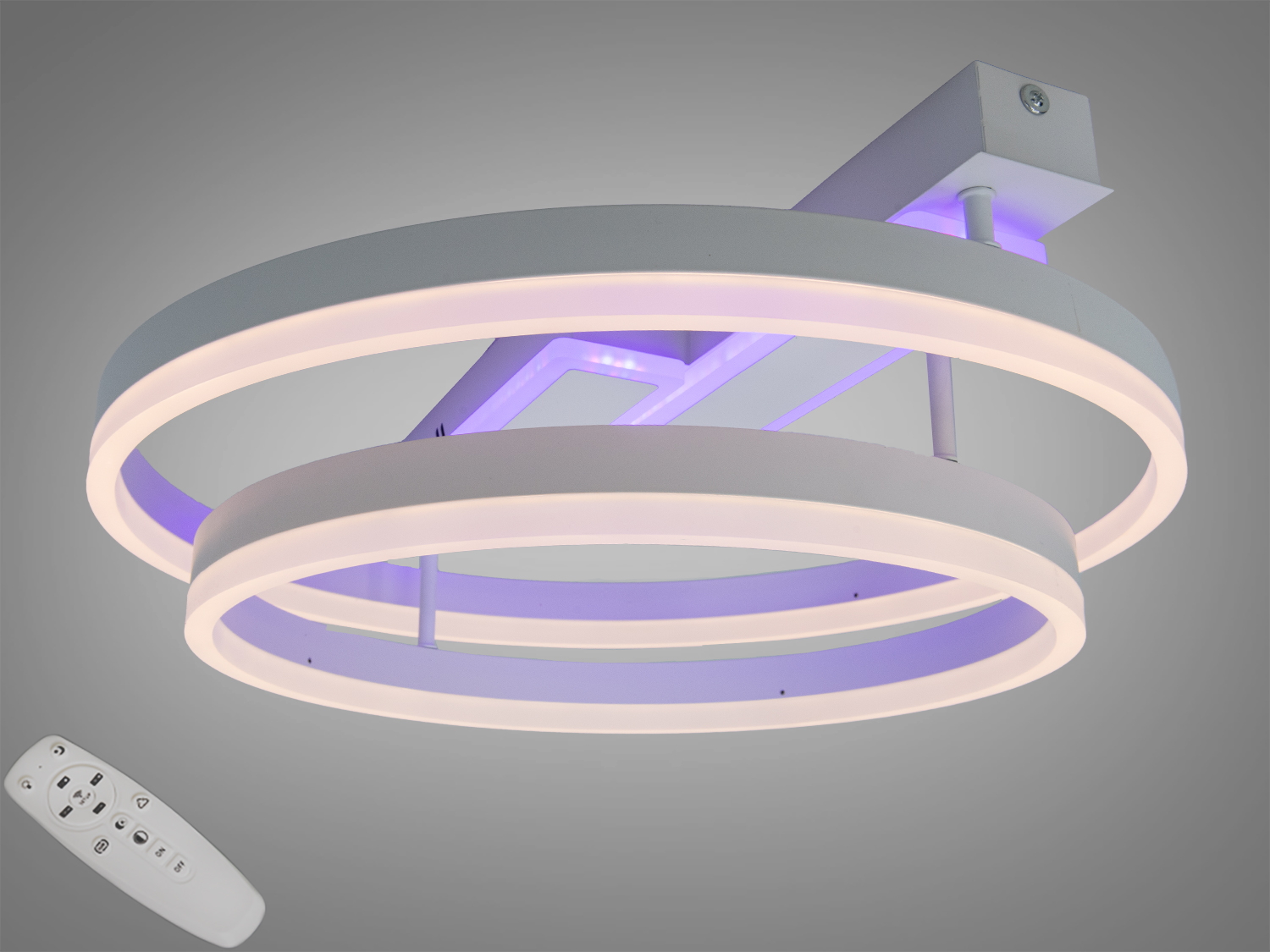 Біла стельова LED-люстра Diasha 80 W з двома кільцями, пультом і димером, триколірною підсвіткою основи. Орієнтовна площа освітлення до 14 м².