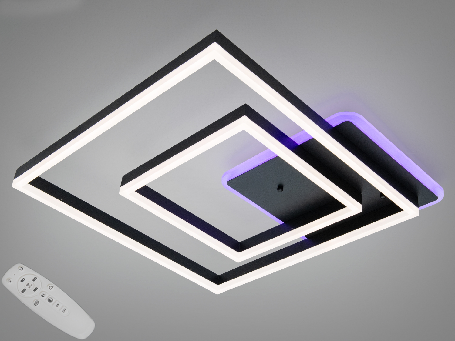 Чорна стельова LED-люстра 84 Вт із пультом, димером і підсвіткою основи. До 4620 лм, 3 режими 3200–6500К, підходить для кімнат до ~15 м².