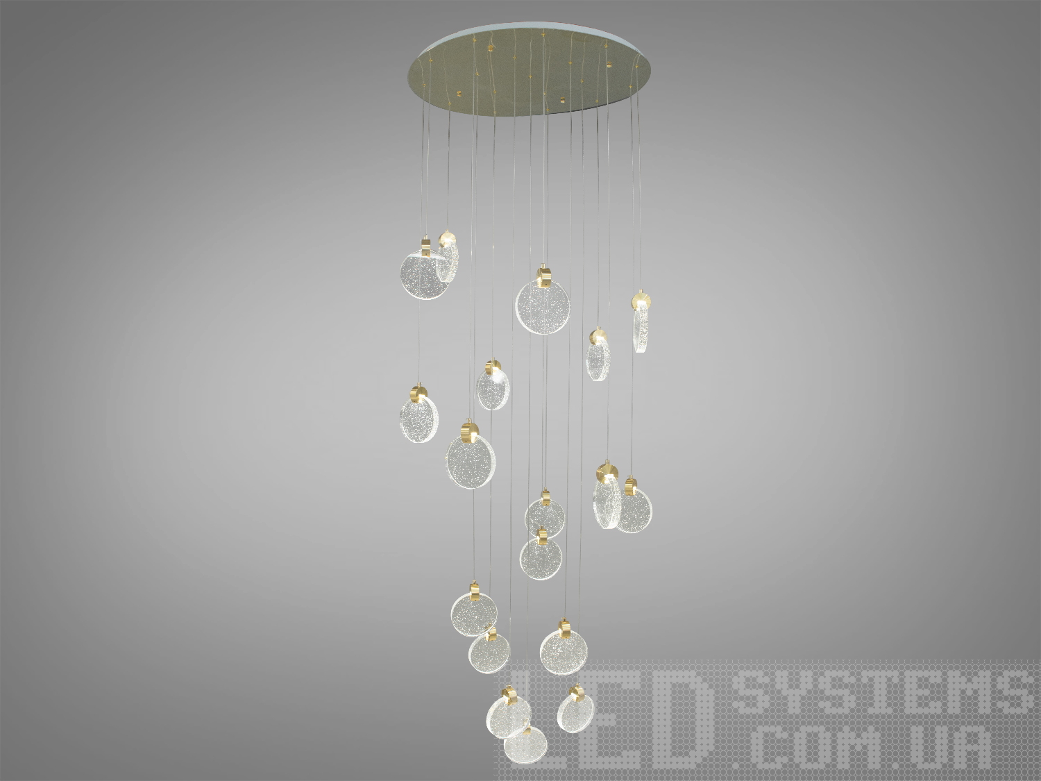 Сучасна підвісна LED люстра для сходів на 18 підвісів у стильному виконанні добре виглядатиме в інтер'єрі вітальні або зали, ресторану або великого сходового холу.
Яскраве світло повинне бути тільки там де воно дійсно потрібне, а решта має висвітлюватися легким світлом, що заповнює. Саме для створення якісного локального освітлення ми пропонуємо використовувати ці світильники.
Кріпиться до стелі будь-якого типу універсальним кріпленням на монтажну планку.