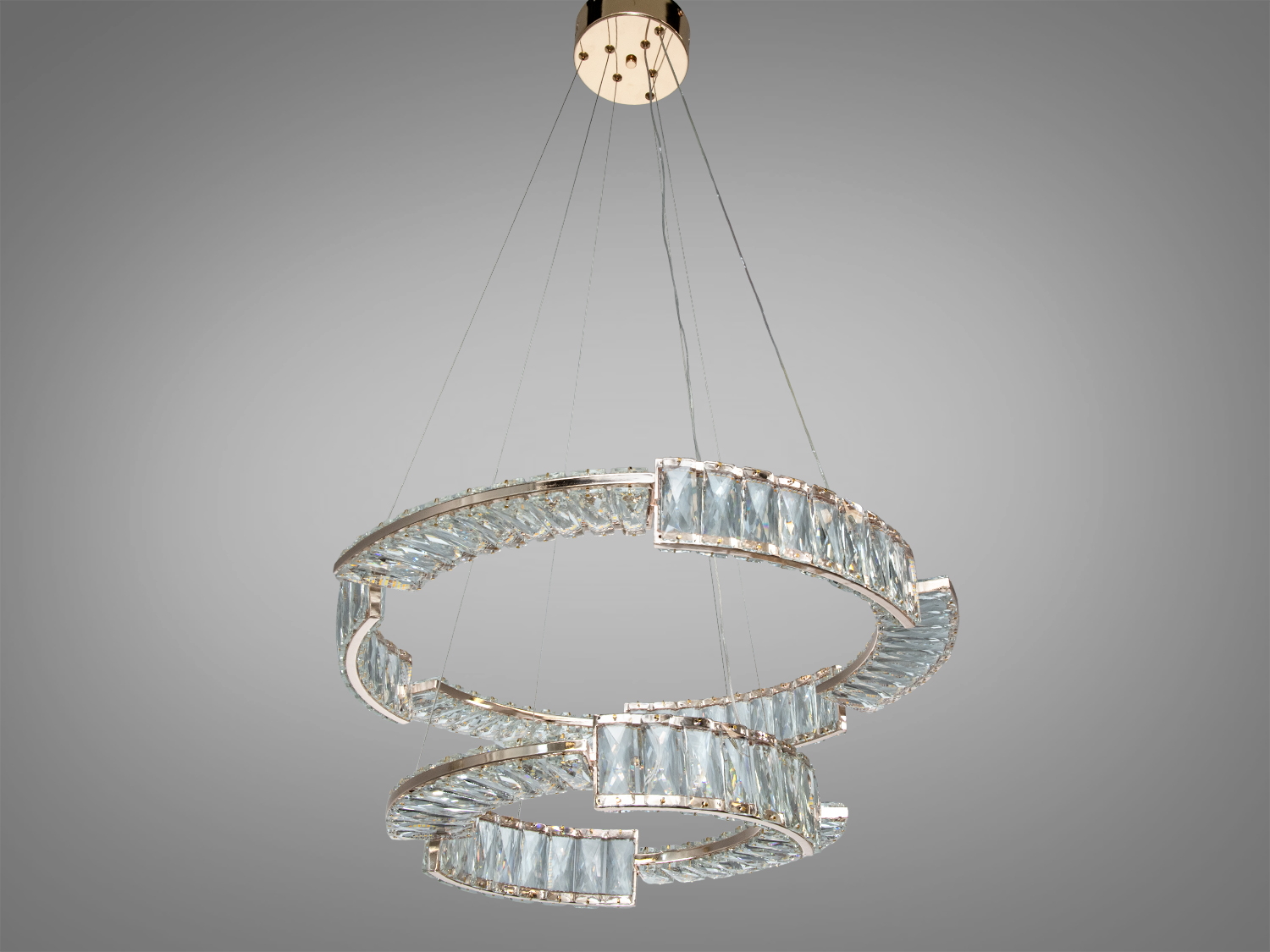 Світлодіодна підвісна люстра Diasha з двома криштальними кільцями 60 і 40 см у золотому кольорі з пультом для регулювання яскравості.