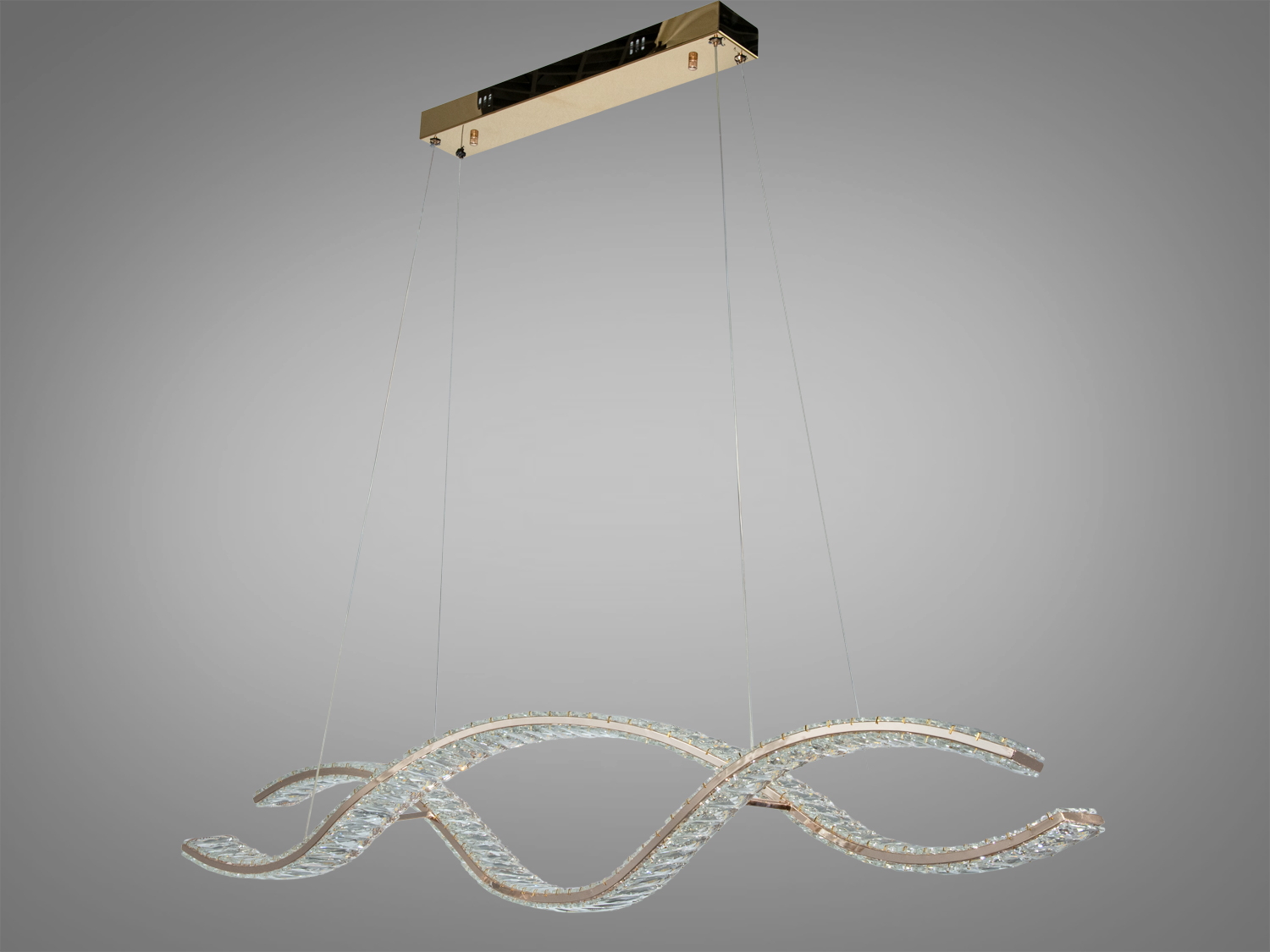 LED підвісна люстра 100Вт золото з пультом дистанційного керування для освітлення кімнат до 17 м² з хвилеподібним дизайном і кристалічними вставками.