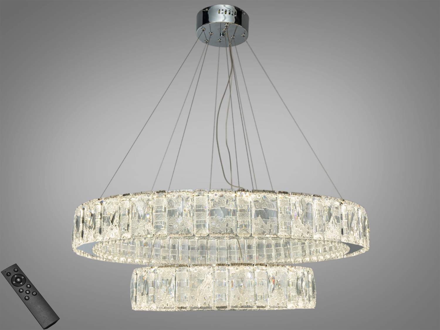 Підвісна кришталева LED люстра, хром, 135 Вт, 7425 лм. Пульт і вимикач, три температури світла 3200K 4100K 6500K. Орієнтовно для приміщень до 23 м².