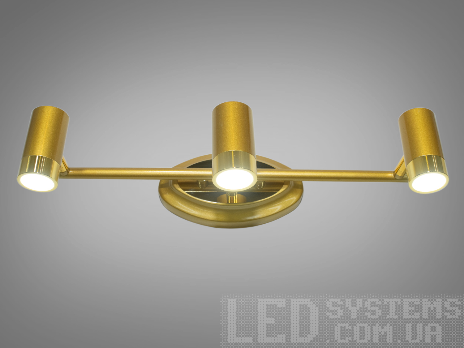 Настінний LED світильник 9W у золоті для підсвічування дзеркал і картин. Три регульовані плафони, керування від настінного вимикача, акцентне освітлення.