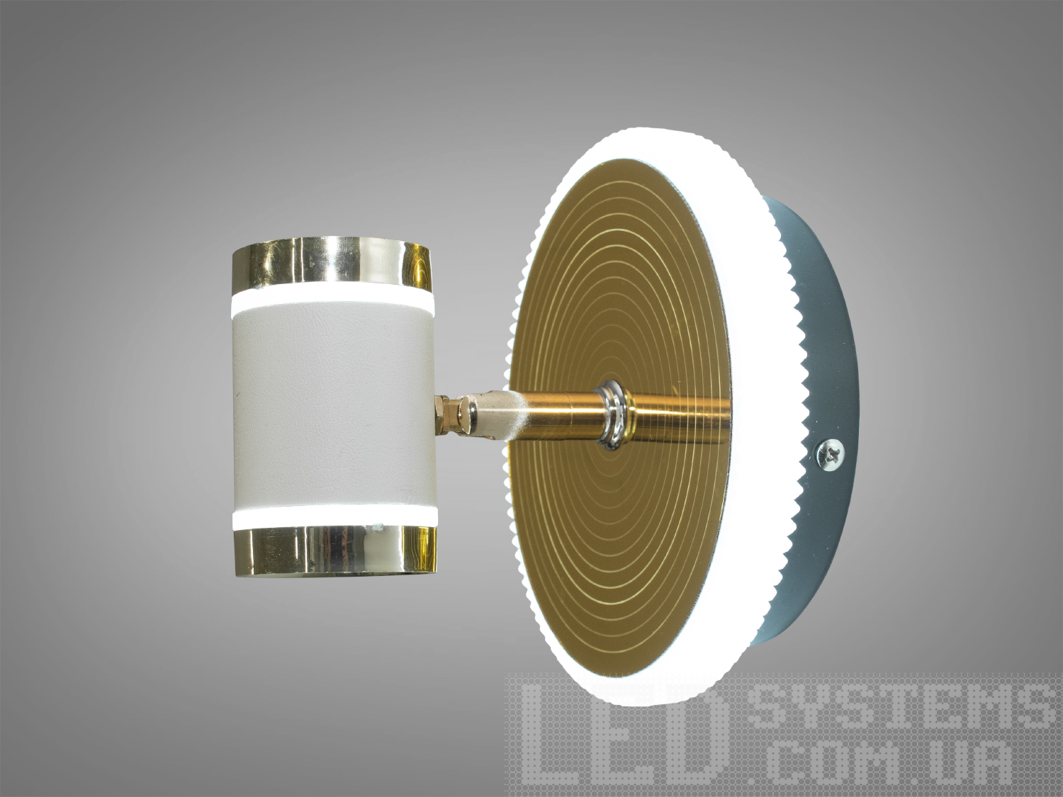 Настінна LED підсвітка 12 W у кольорі золото+білий для дзеркал і картин. Керування — настінний вимикач, м’яка лінія світла та енергоощадні діоди.