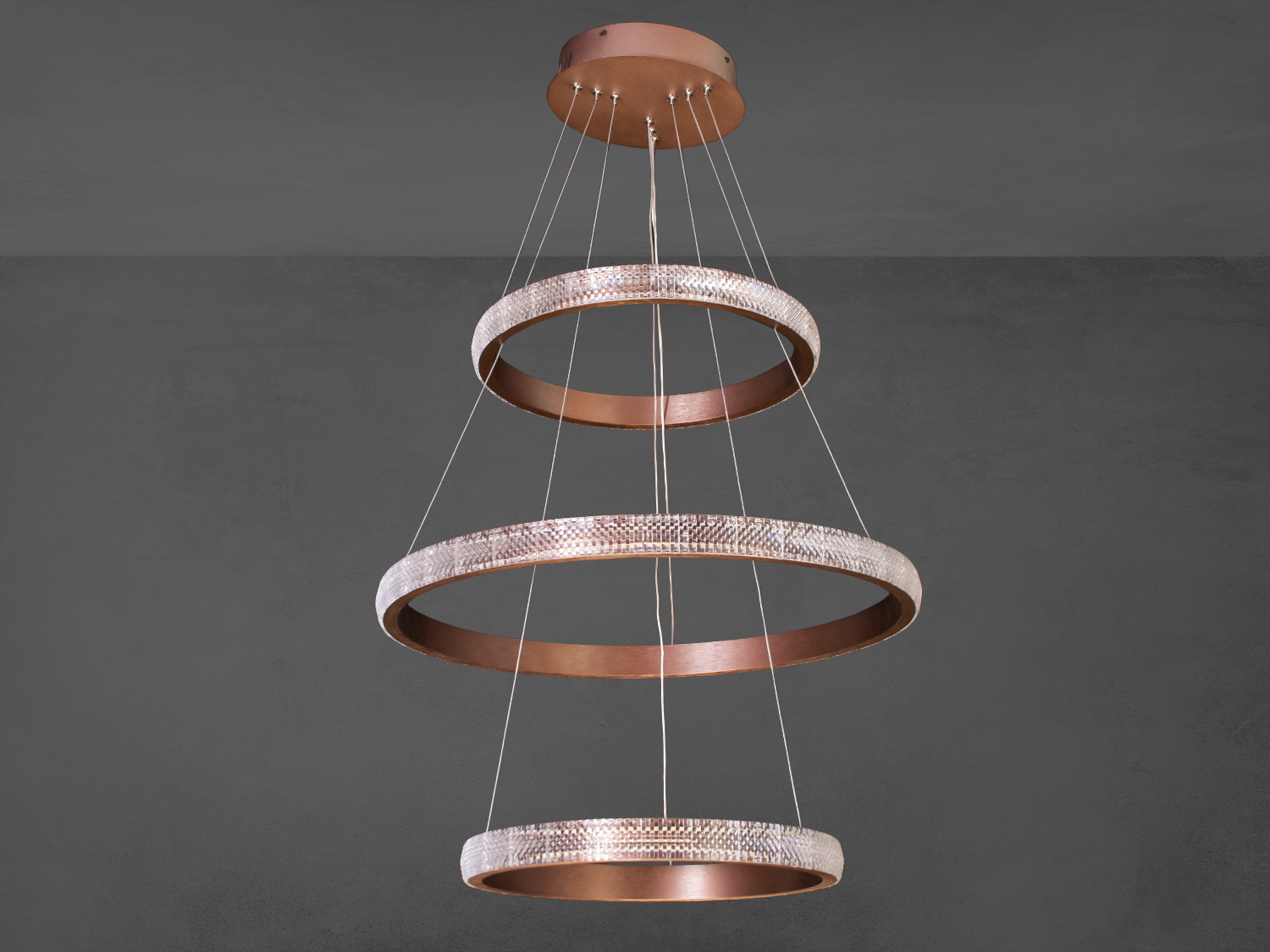 Світлодіодна люстра з димером, 115W, три кільця, коричневий колір, підходить для сучасного інтер’єру.