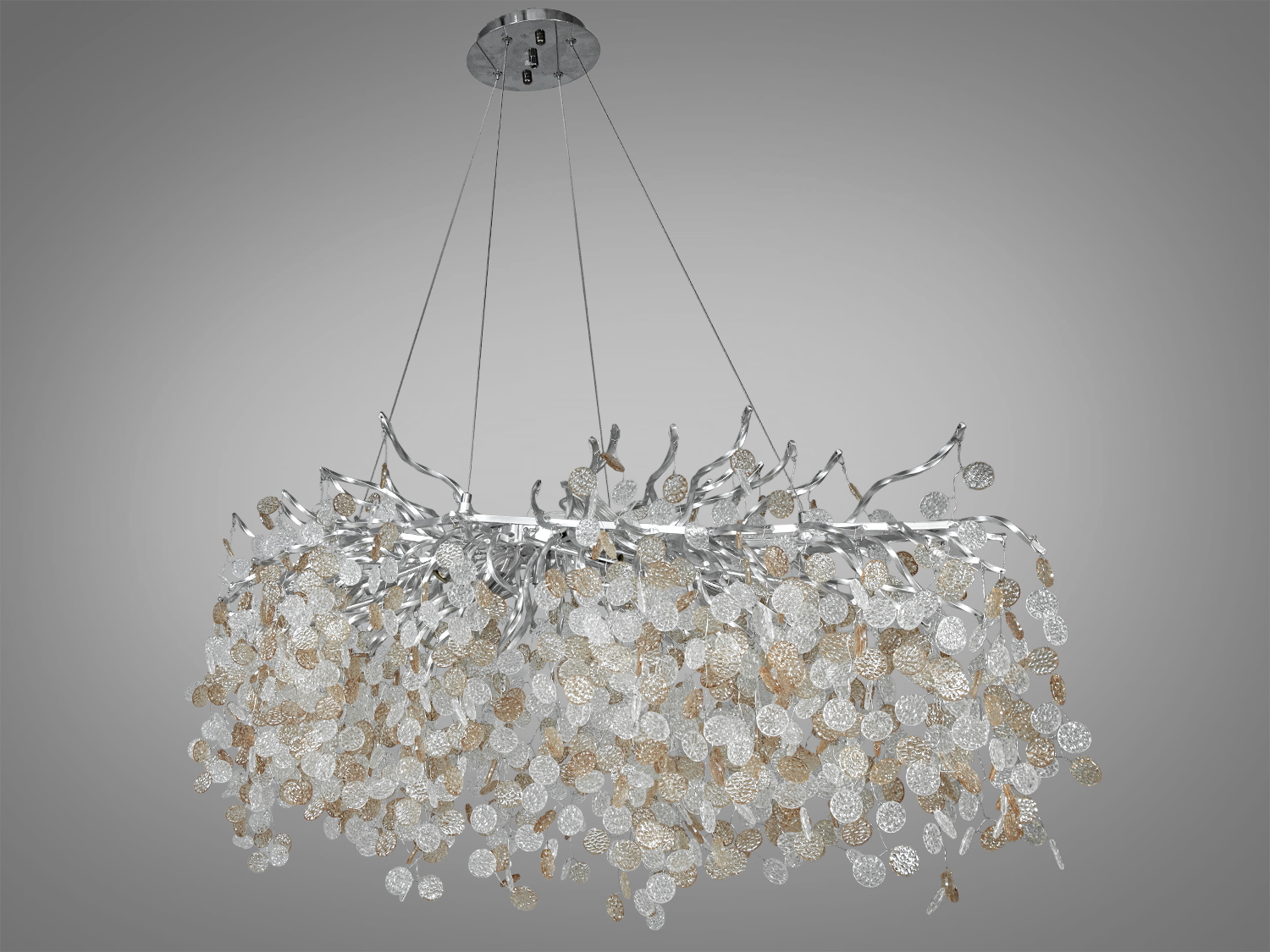 Люстра-підвіс витягнутої форми для вітальні-їдальні також ідеально підходить для використання в холах або вітальнях, сходових зонах приватних будинків, ресторанах або готелях, люксових спальнях, балконах або у вестибюлі, бізнес-центрах або офісних просторах. Загальна концепція люстри робить її універсальною та здатною доповнювати різні стилі інтер'єру, такі як: класичний стиль, сучасний мінімалізм, еклектика, ретро чи вінтаж, люксовий модерн, бароко чи рококо.
Люстра виготовлена ​​із міцного алюмінію, що гарантує її довговічність, а гілки легко змінюють форму, дозволяючи створити об'ємну або плоску конструкцію. Центральна частина люстри складається з безлічі гілочок, що нагадують природні форми, і виготовлені з алюмінію, вкритого хромом. Ці гілочки прикрашені численними кришталевими підвісками, що створюють ефект водоспаду зі світла та блиску.
Особливістю цієї люстри витягнутої форми є її здатність підкреслювати довжину простору, створюючи ілюзію ширини та об'єму. Вона ідеально підходить для встановлення над обідніми столами або робочими зонами, де вона не лише освітлює, але стає центральним елементом інтер'єру.
Ця люстра під лампочки G9 є не лише світильником, а й доповненням до інтер'єру. Підвісні люстри з кришталю завжди надають приміщенню розкішного вигляду та особливого шарму. Висота цих люстр на тросах легко регулюється, що дозволяє ідеально підлаштувати розташування світла.
Кріпляться до стель будь-якого типу універсальним кріпленням на монтажну планку.
Лампи до комплекту не входять.