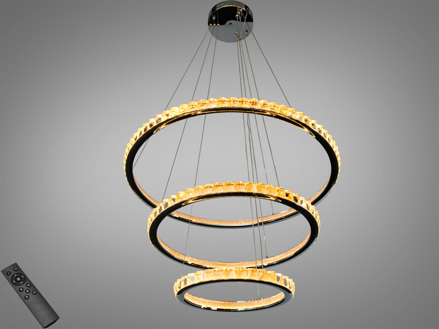 Підвісна LED-люстра Diasha у хромі з трьома кільцями: 185 W, 10175 lm, пульт і настінний вимикач, CCT 3200/4100/6000K, для приміщень до ~33 м².