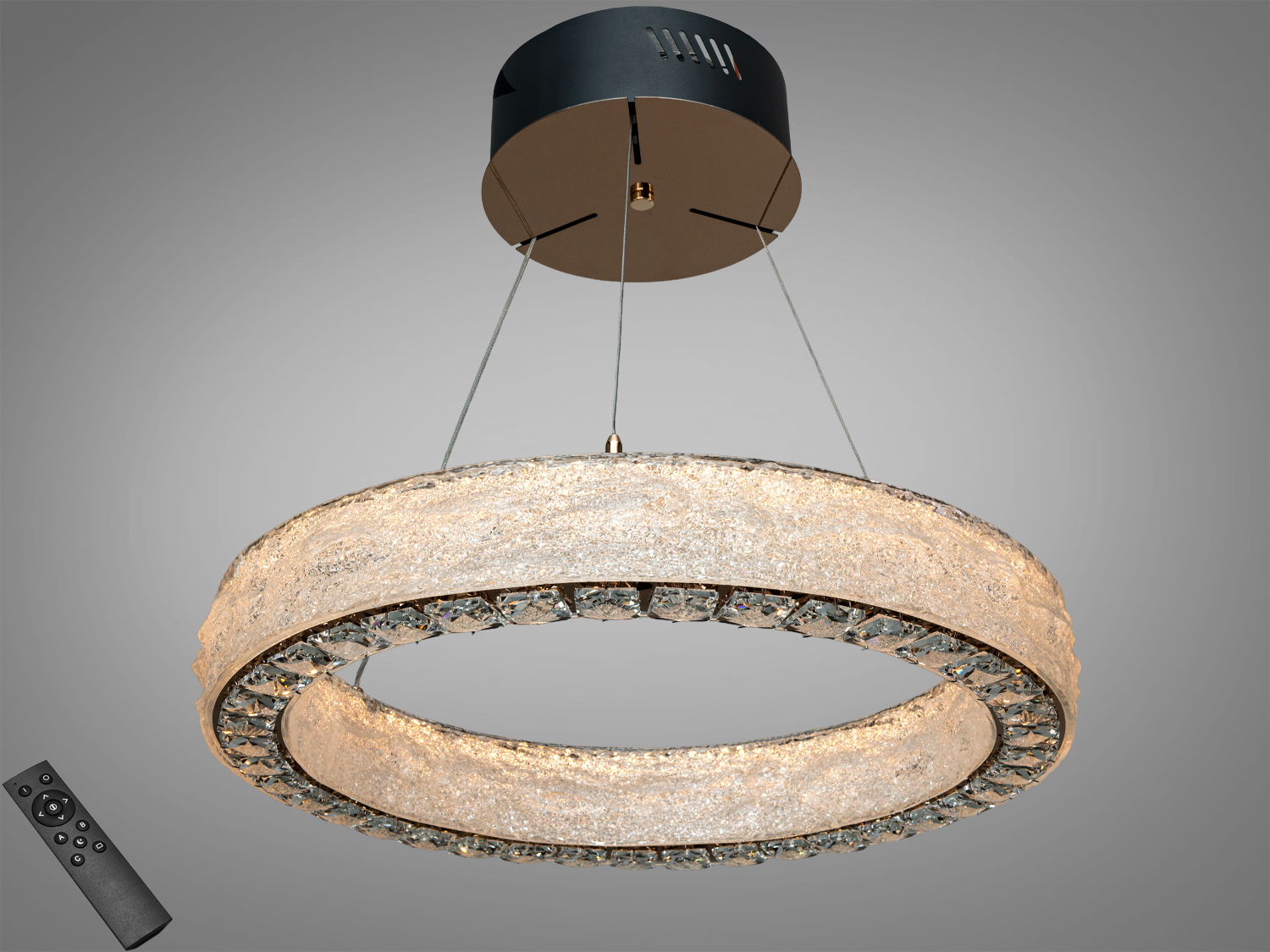 Підвісна кришталева LED люстра Diasha, золото, 58Вт, 3190 лм. Пульт і настінний вимикач, три температури 3200/4100/6500К. Площа до 10 м². Кругла форма на тросах, металевий каркас. Підходить для вітальні, спальні, їдальні.