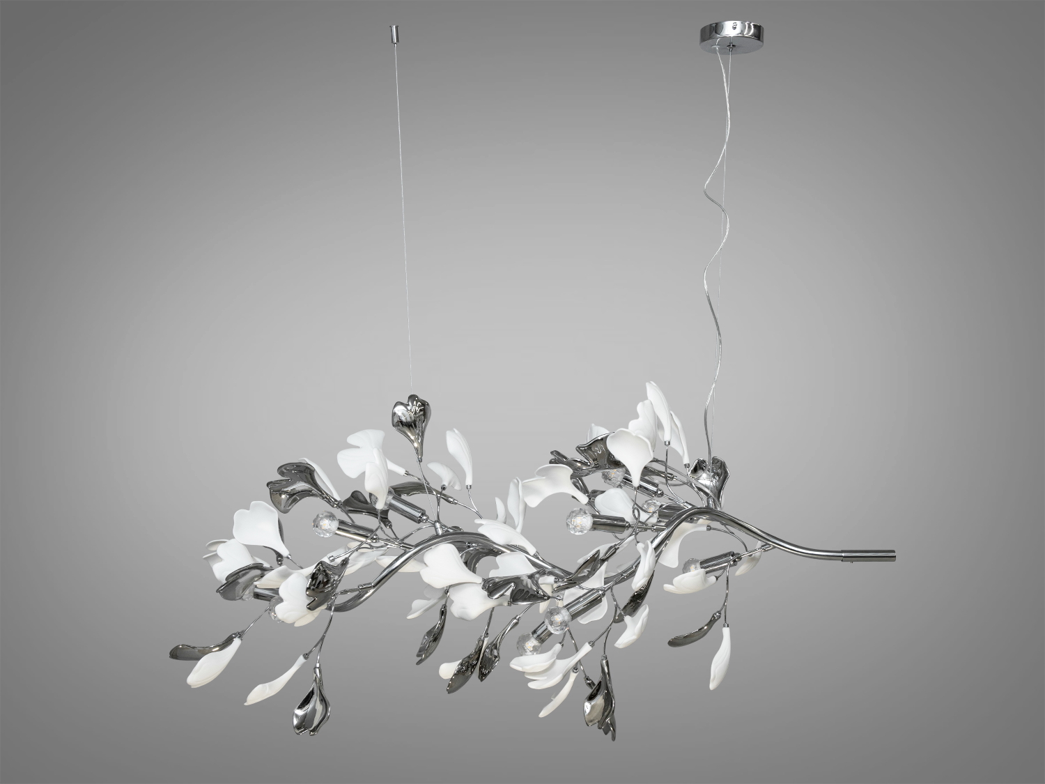 Сучасна люстра з фарфоровими елементами добре виглядатиме в інтер'єрі спальні, зали, вітальні, їдальні, квартирі студії, як у стилі лофт, так і в класичному інтер'єрі. Також ідеально впишеться в сучасні будинки, квартири, кафе, арт-простір, коворкінги, квеструми.
Ця вишукана люстра є шедевром дизайну, який набуває гармонії між природною красою і сучасною естетикою з ніжними керамічними пелюстками, що мають форму листя гінкго білоба - дерева. Їхній природний мотив уособлює спокій та розслаблення, приносячи в інтер'єр елементи природної гармонії, створюючи в інтер'єрі неповторну атмосферу.
Регульована висота люстри дозволяє змінювати розташування світильника залежно від потреб простору, забезпечуючи оптимальне освітлення та створення затишку у вашому будинку. Така люстра з пелюстками у формі листя гінкго стане центральним елементом оформлення приміщення, додавши до нього стиль, елегантність та трохи природної магії.
Люстра-підвіс під звичайні лампочки розжарювання, економки або світлодіодні лампи із цоколем Е14.
Лампа до комплекту не входить.