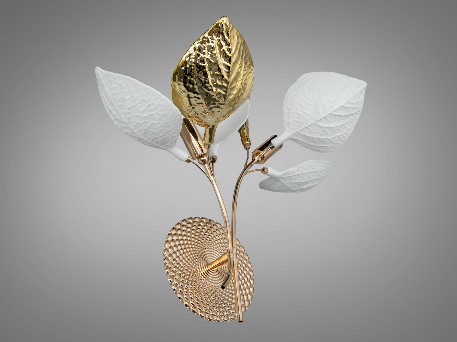 Настінний бра Diasha з керамічними білими та золотими листками на дві лампи E14 для сучасного інтер′єру.