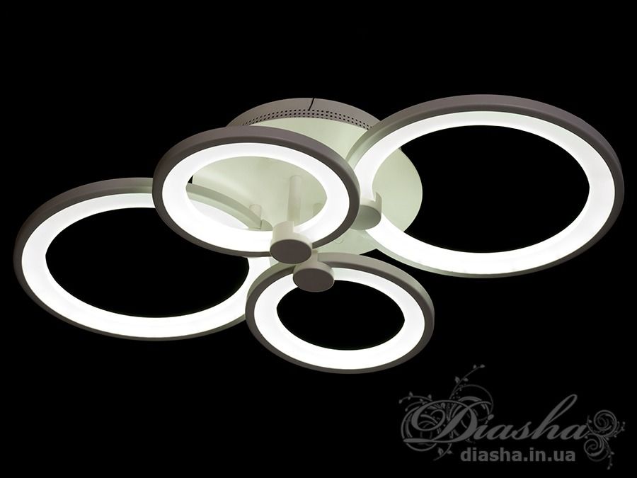 Світлодіодна люстра Серія 8022, 65Вт, біла, з пультом і димером: три кільця, налаштування 3200–6000К, нічник 5% та декоративне підсвічування.