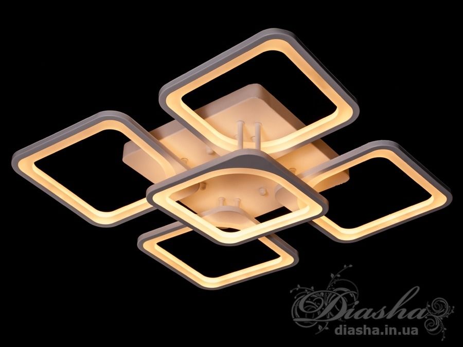 Біла стельова LED-люстра серії «Квадрати», 140 Вт, з пультом. П’ять квадратних модулів, холодне біле світло, підходить для кімнат до ~23 м².