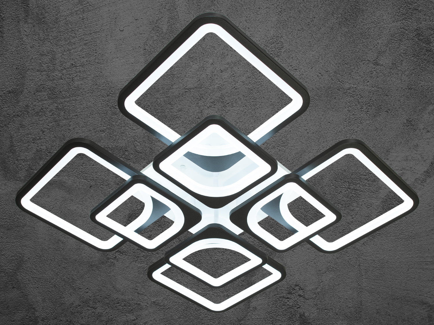 Чорна стельова LED‑люстра Diasha 8060 з диміруванням і пультом. Геометричні квадрати, мʼяке розсіювання, памʼять налаштувань і довговічні LED.