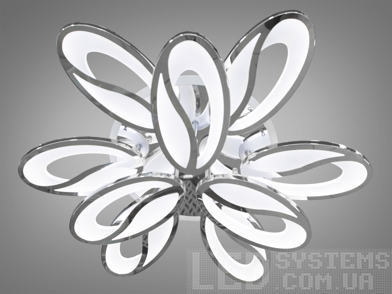 Акрилова LED-люстра у вітальню з підсвічуванням. Режими перемикання: холодний 6400К, нейтральний 4500К, теплий 2700К, LED підсвічування, суміщений режим - будь-яке основне світло плюс світлодіодне підсвічування. Електронний димер, що дозволяє регулювати яскравість люстри від 5% до 100% за допомогою пульта, що входить у комплект разом із люстрою. Люстра світить яскраво, але не сліпить рахунок матеріалу - акрилу, до того ж цей матеріал дуже міцний - його важко пошкодити. Переваги: ​​легка вага, невелика висота, оригінальний дизайн, пульт, димер, додаткове підсвічування. Підходить на площу приміщення приблизно 23м2. Кріпиться до гіпсокартонних, натяжних, звичайних стель.