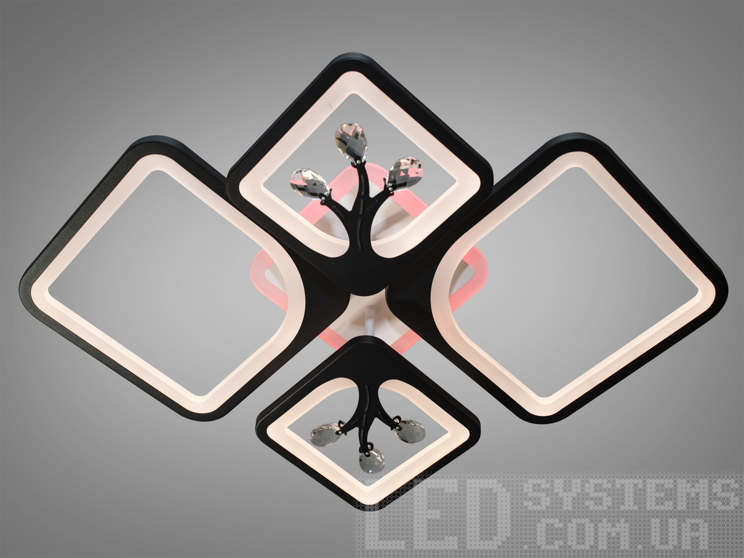 Сучасна LED люстра в стилі модерн&nbsp;з&nbsp;LED підсвічуванням, з пультом, з димером підходить на площу приміщення приблизно 14кв.м. Застосовується для зали, вітальні, спальні, кухні, коридору, дитячої, оскільки відсутні скляні елементи.
Світлодіодна люстра має кілька режимів: холодний 6000К, нейтральний 4100К, теплий 3200К, включення-вимикання, кольорове підсвічування, змішаний режим. Люстра має електронний димер, що дозволяє регулювати яскравість люстри від 5% до 100% за допомогою пульта, що входить до комплекту. Люстра світить яскраво, але не сліпить за рахунок матеріалу акрилу, до того ж цей матеріал дуже міцний його важко пошкодити.
Кріпиться до стелі будь-якого типу універсальним кріпленням на монтажну планку.