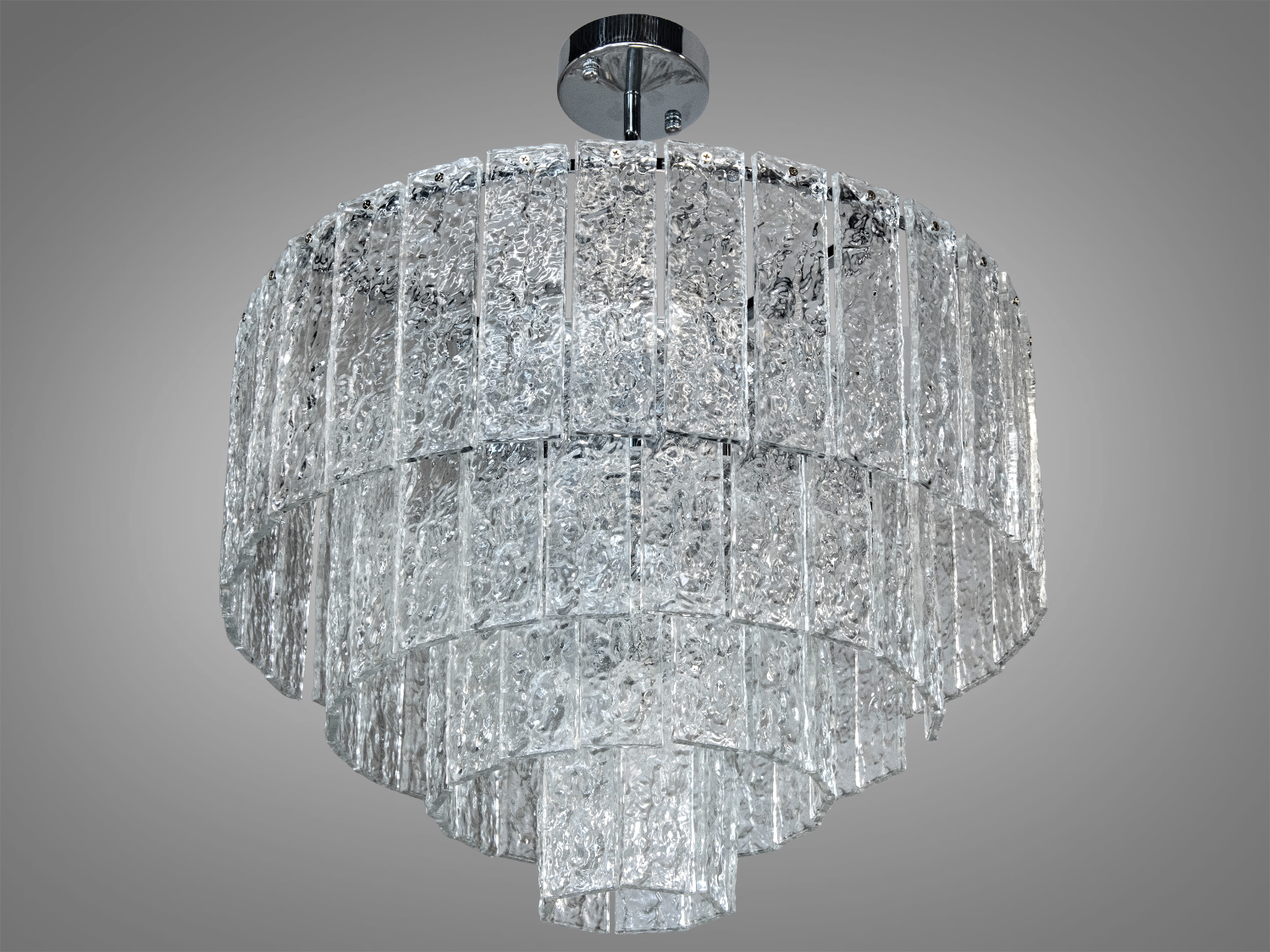 Підвісна люстра з кришталевими елементами та хромованими деталями, розрахована на 10 ламп, створює елегантний та сучасний вигляд.