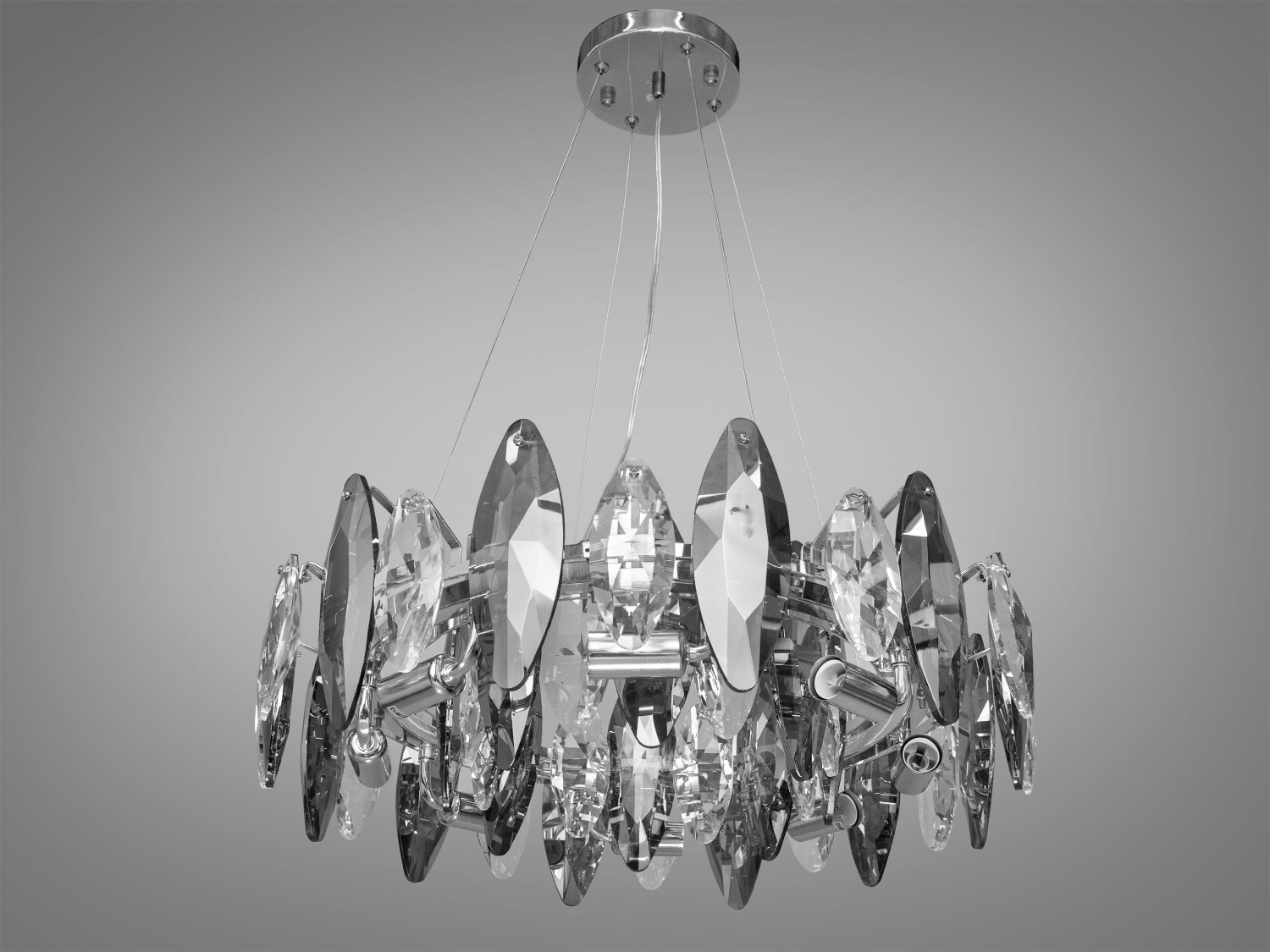 Сучасна кришталева люстра в спальню на 8 ламп з металевим корпусом добре виглядатиме в інтер'єрі зали, вітальні, спальні, їдальні. Висота люстри регулюється, завдяки чому підходить для невеликих кімнат та низьких стель. У класичний інтер'єр вона вносить нотки сучасності та легкої грайливості, а квартирі студії в стилі лофт дарує крапельку строгості та впорядкованості.
Стельове кріплення на планку універсальне та підходить для навісних, натяжних та звичайних стель. Люстра-підвіс під звичайні лампочки розжарювання, економки або світлодіодні лампи з цоколем Е14.
Увага. Вага люстри 16,5 кг.