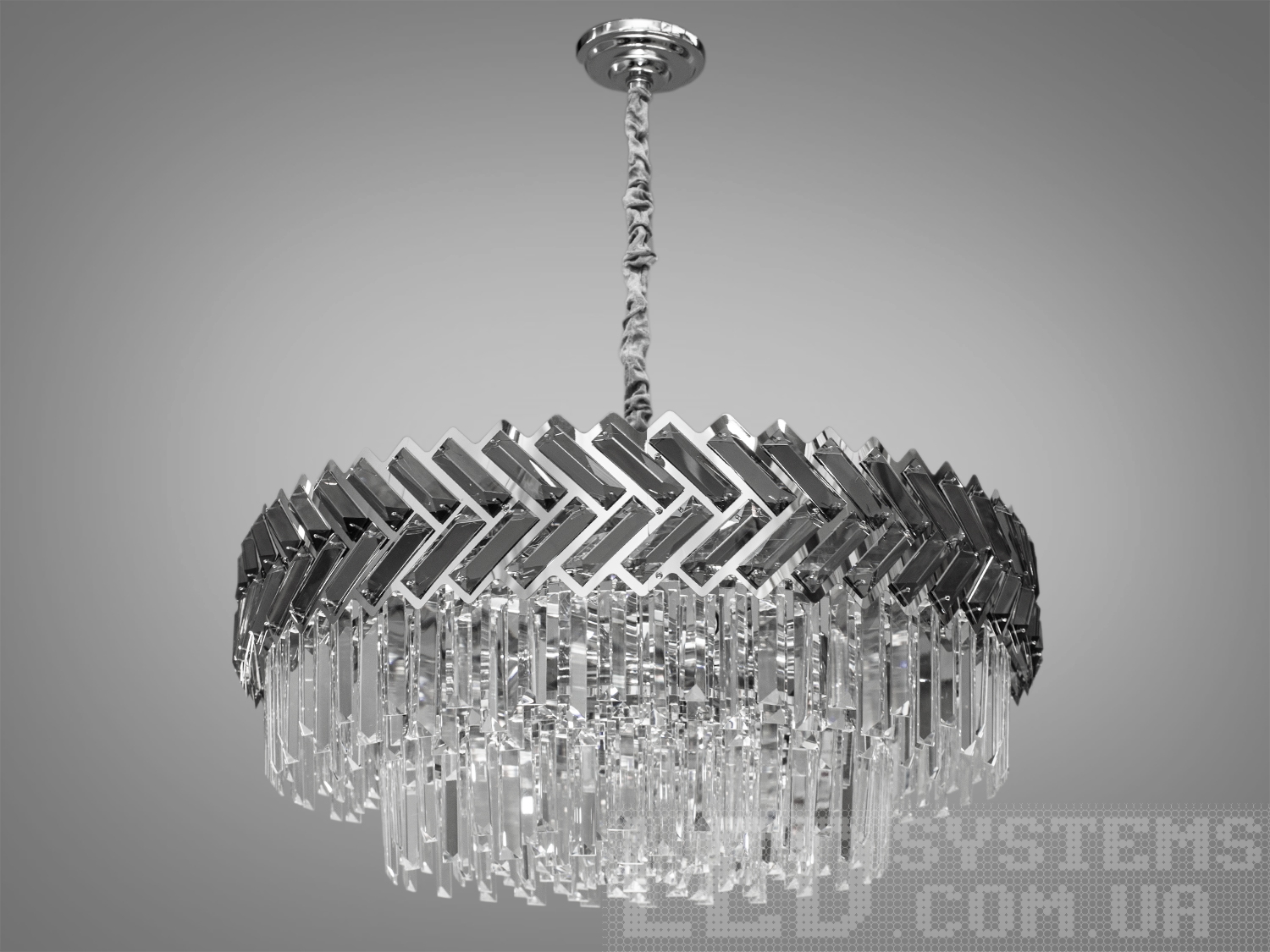 Універсальна кришталева люстра у вітальню з кришталевими елементами в металевому корпусі добре виглядатиме в сучасному інтер'єрі залу, вітальні, спальні, коридору або кухні. На неї можна дивитися під будь-яким кутом, і не дивлячись на легкість конструкції люстри, ви завжди бачитимете лампи тільки через кришталеві підвіски. Висота люстри регулюється, завдяки чому підходить для низьких стель.
Сучасна люстра під звичайну лампочку із цоколем Е14. Стельове кріплення на планку універсальне підходить для підвісних, натяжних та звичайних стель.
Увага. Вага люстри понад 12кг.