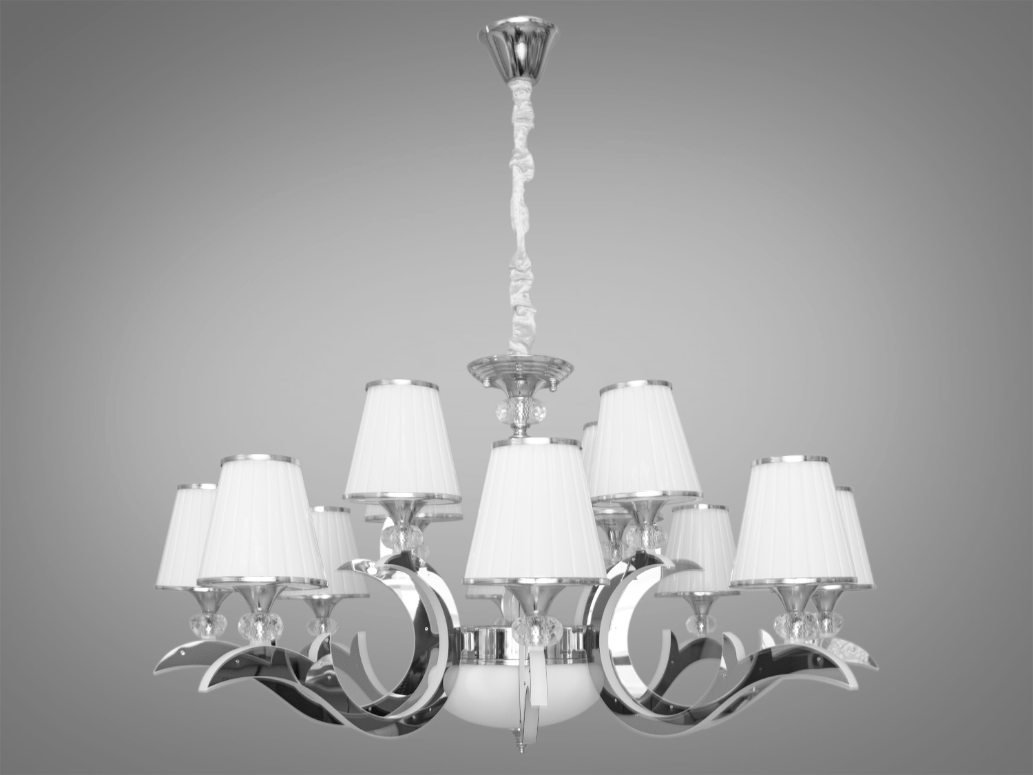 Елегантна класична люстра з ріжками, що світяться, застосовується для банкетного або концертного залу, вітальні або спальні, ресторану або готелю.
Ви самі зможете вирішити, як виглядатиме ця люстра у Вашому інтер'єрі: класично &ndash; з простим ланцюгом, або шляхетно &ndash; з ланцюгом у оксамитовому чохлі. І все це доповнено оригінальним підсвічуванням, що виливається з самої її серцевини.
Люстра з рожками, що світять, на 60W і на 12 ламп під класичну лампу розжарювання, економку, або світлодіодну лампу з цоколем Е14.