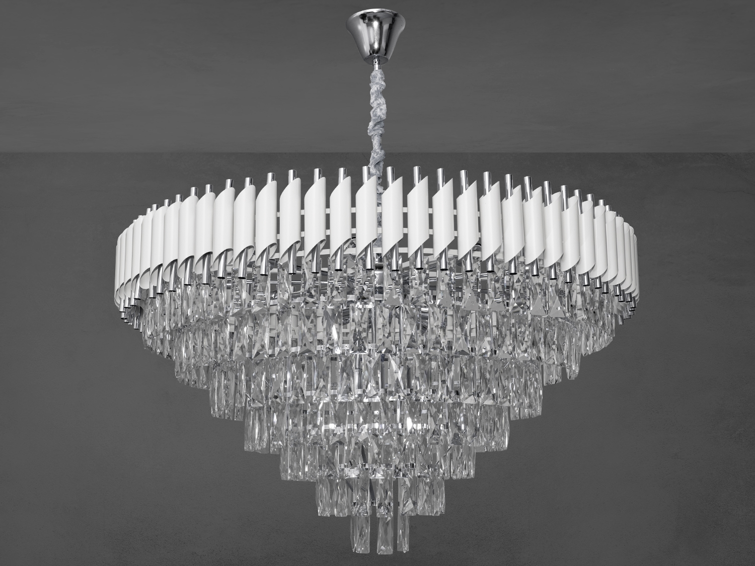 Сучасна кришталева люстра-торт у хол у сучасному стилі з металевим корпусом та кришталевими підвісками добре виглядатиме в інтерєрі спальні, зали, вітальні, їдальні, квартирі студії, як у стилі лофт, так і в класичному інтер