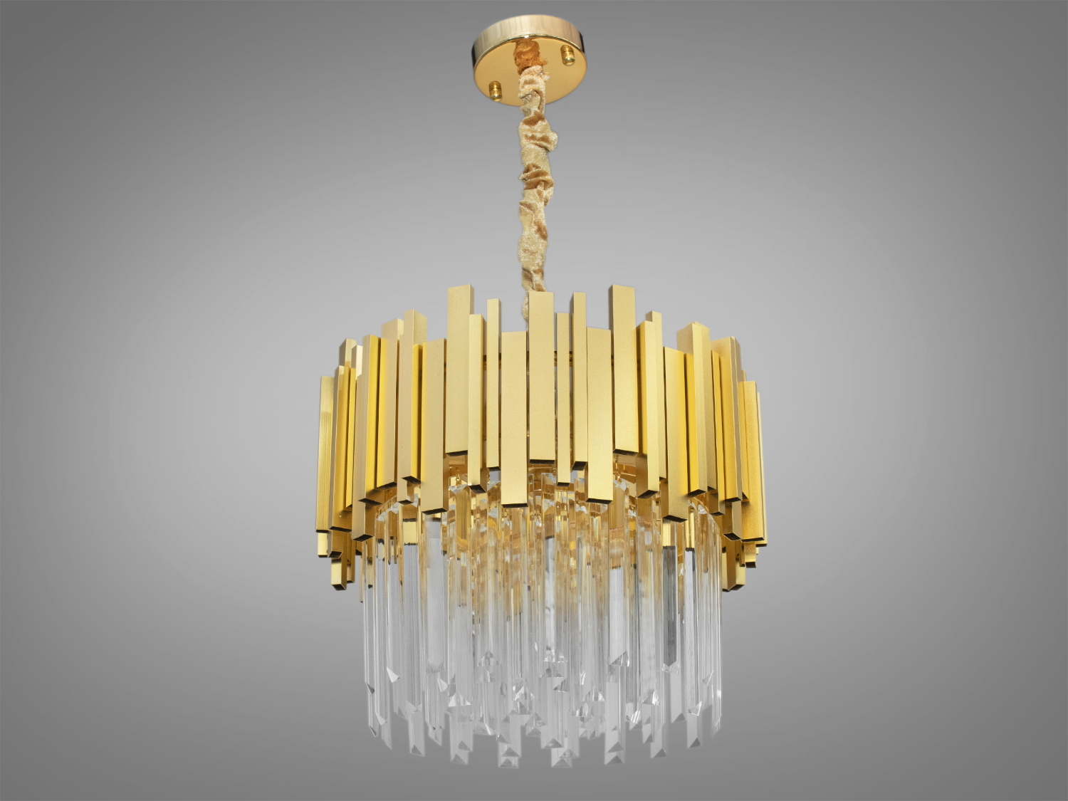 Сучасна кришталева люстра з золотим сатиновим покриттям, ідеальна для вітальні та кухні. Стиль, якість та доступність.