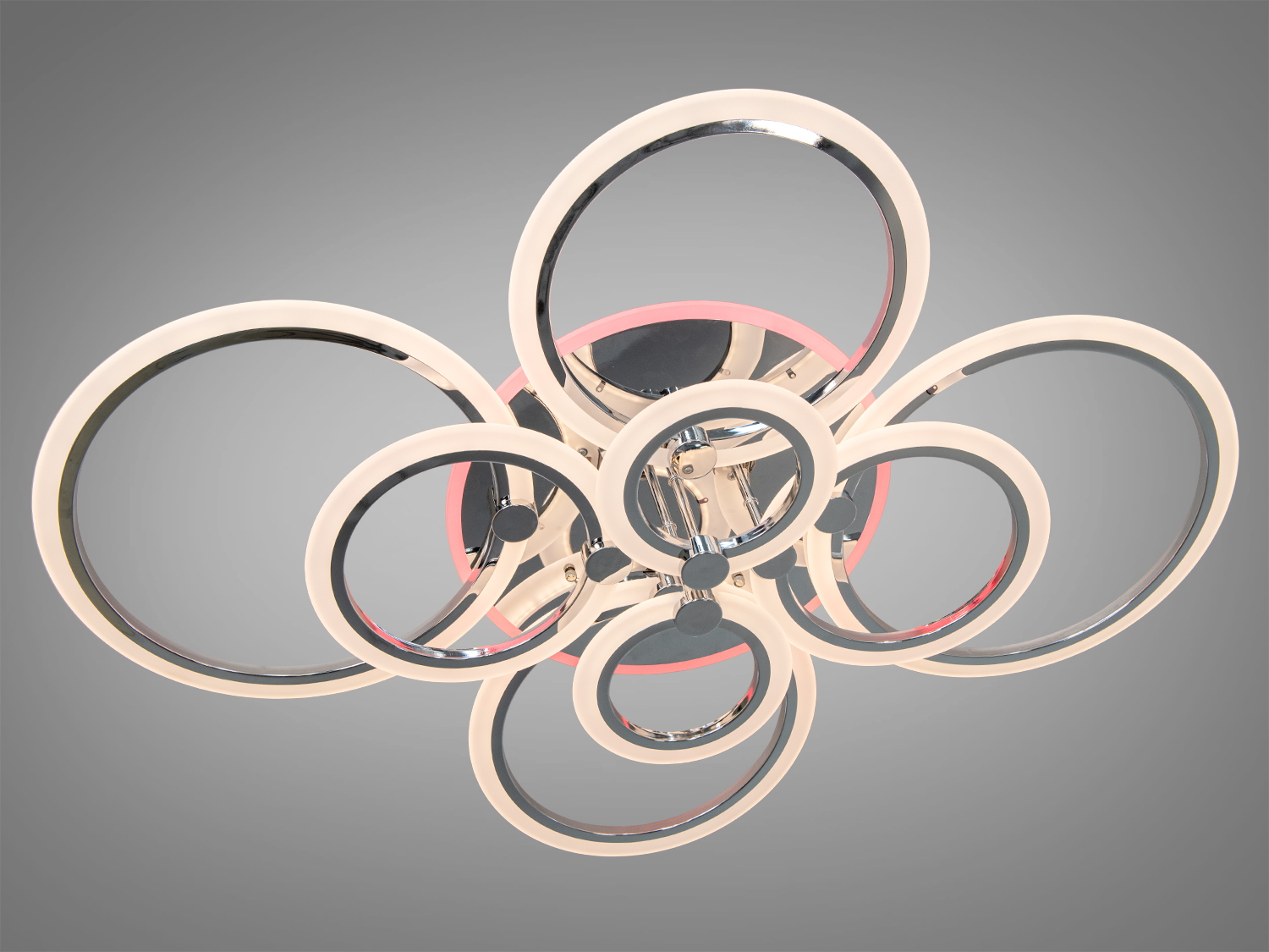 Яскрава LED люстра у вітальню з пультом - це чудове поєднання витонченого дизайну та сучасної функціональності. Її структура складається з восьми кіл, що переплітаються, створюють ефект гармонії і руху.