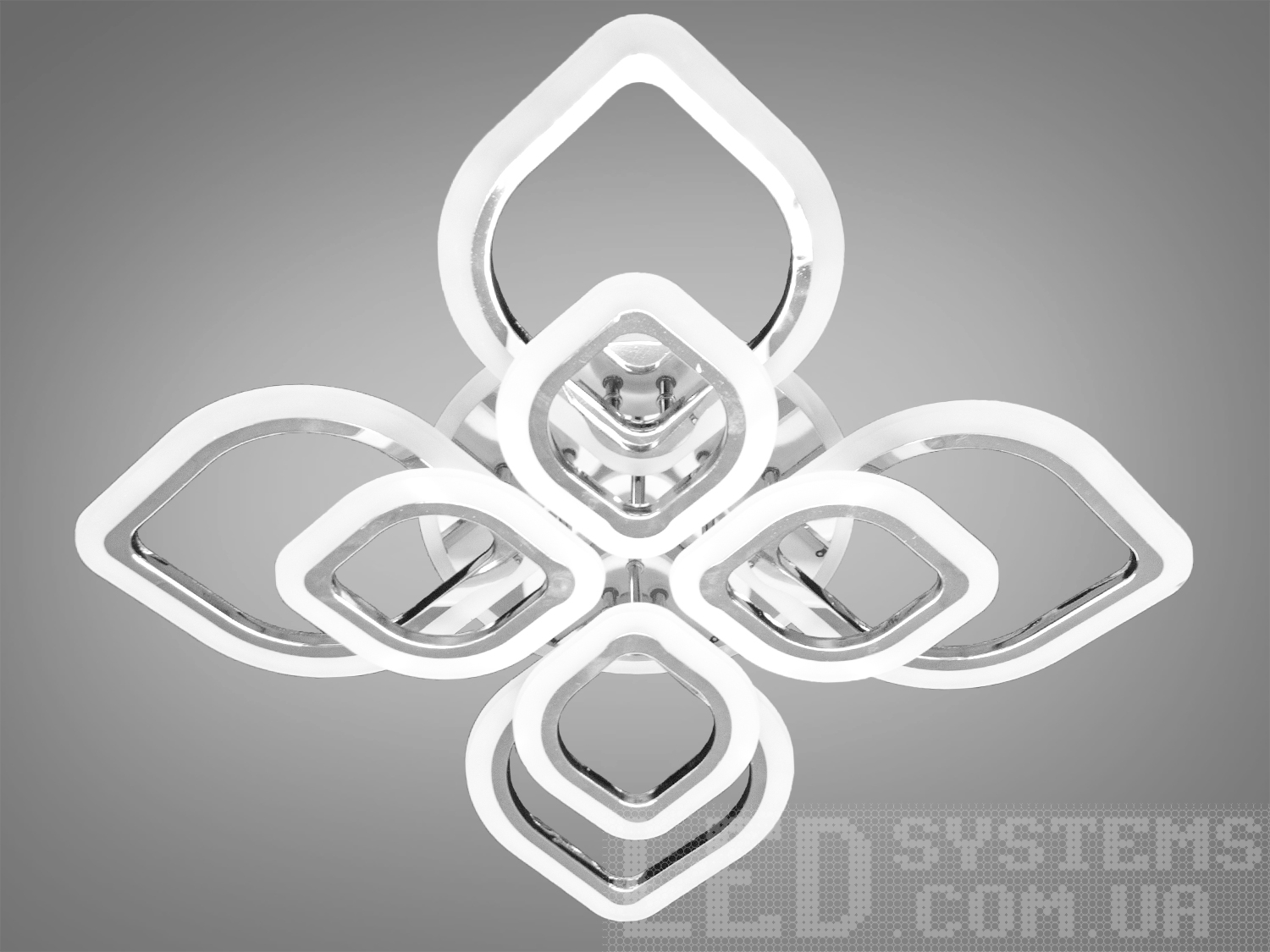 LED-люстра у вітальню з підсвічуванням, пультом, з димером підходить на площу приміщення приблизно 21 кв.м.
Світлодіодна люстра має кілька режимів: холодний 6400К, нейтральний 4500К, теплий 2700К, кольорове підсвічування, суміщений режим &ndash; будь-яке основне світло плюс будь-який колір світлодіодного підсвічування. Регулювати яскравість люстри від 5 до 100% за допомогою пульта, що входить до комплекту.
Люстра світить яскраво, але не сліпить за рахунок матеріалу &ndash; акрилу, до того ж цей матеріал дуже міцний &ndash; його важко зашкодити. Застосовується для невеликого залу, вітальні, кухні, спальні, їдальні, дитячої, тому що відсутні елементи, що б'ються. Кріпиться до підвісних, натяжних, звичайних стель.