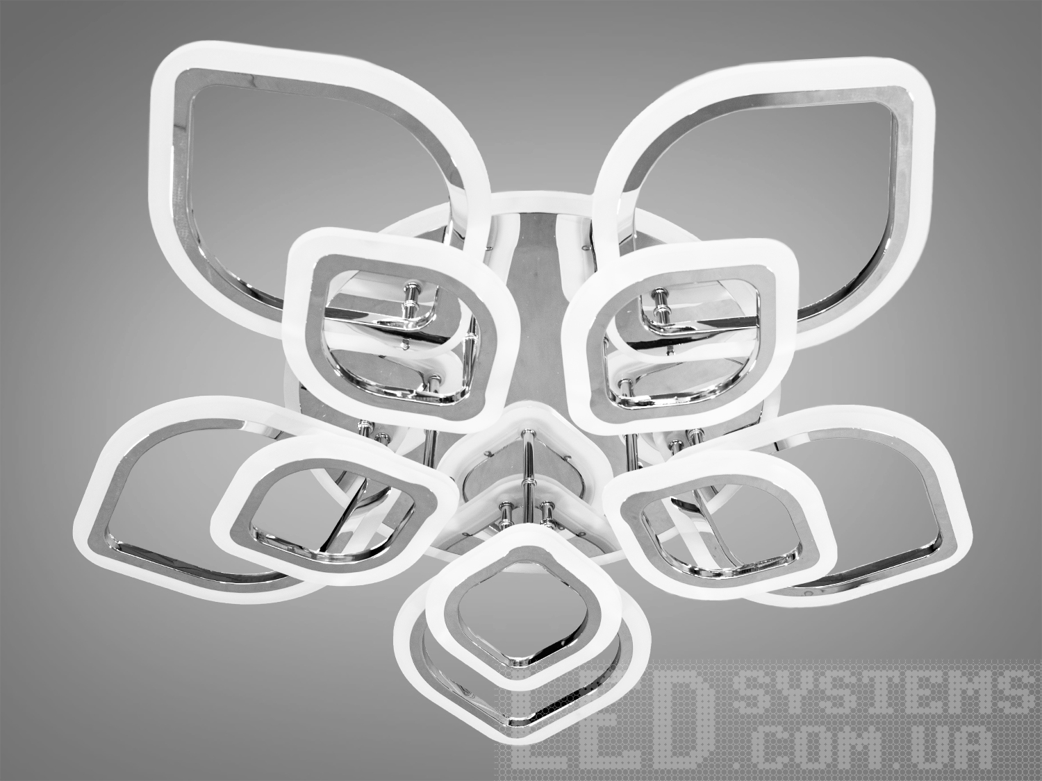 Стильна LED-люстра для залу з кригою підсвічуванням, з диммером, з пультом підходить на площу приміщення приблизно 25кв.м.
Світлодіодна люстра має кілька режимів: холодний 6400К, нейтральний 4500К, теплий 2700К, кольорове підсвічування, суміщений режим &ndash; будь-яке основне світло плюс будь-який колір світлодіодного підсвічування. Регулювання яскравості люстри від 5 до 100% відбувається за допомогою пульта дистанційного керування, що входить до комплекту.
Люстра світить яскраво, але не сліпить за рахунок матеріалу &ndash; акрилу, до того ж цей матеріал дуже міцний &ndash; його важко зашкодити. Застосовується для зали, вітальні, кухні, спальні, їдальні, дитячої, тому що відсутні елементи, що б'ються. Універсальне кріплення підходить для підвісних, натяжних та звичайних стель.