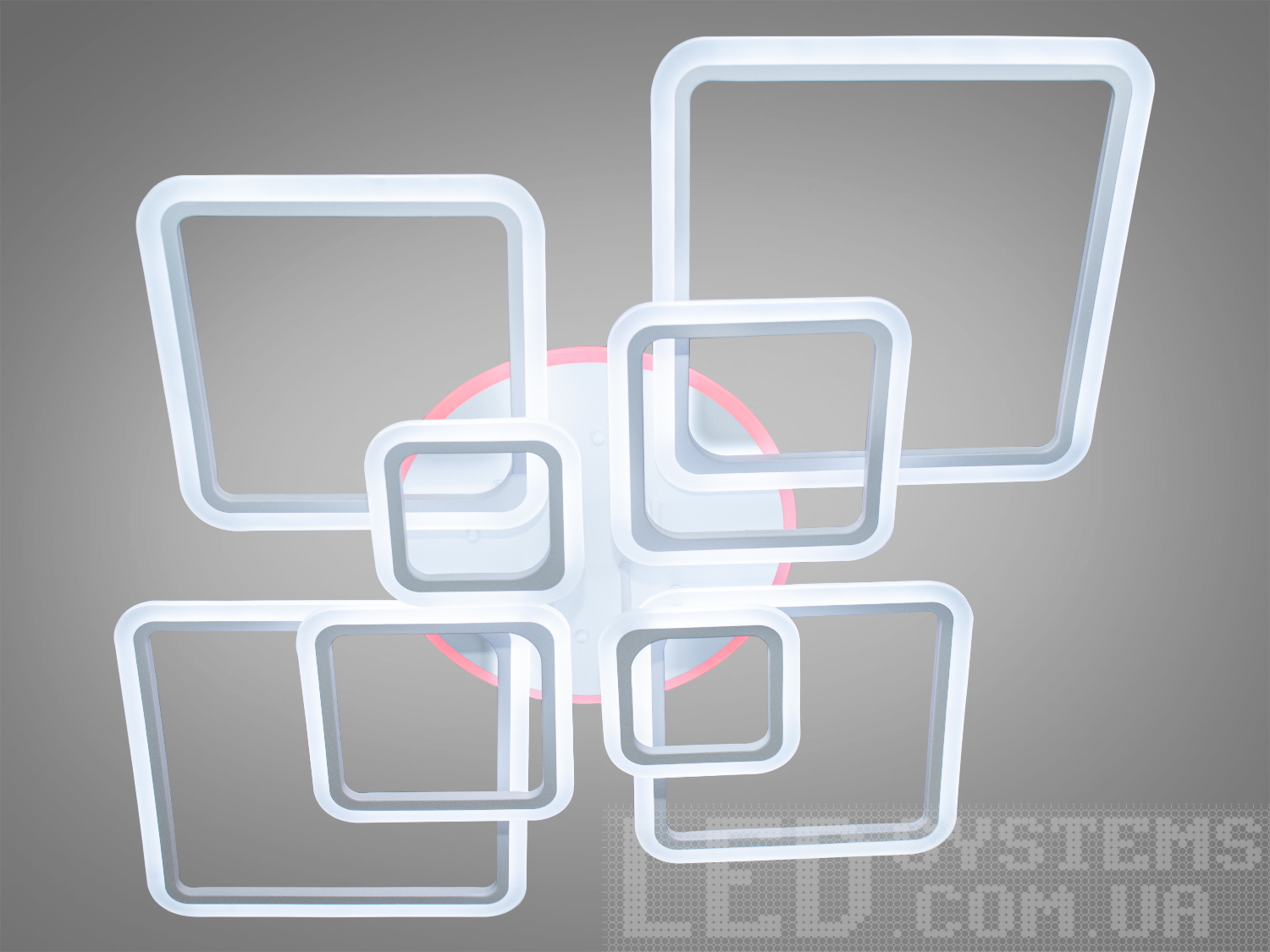 Стельова Led люстра з пультом у стилі хай-тек із пультом белого кольору, з підсвічуванням підходить на площу приміщення приблизно 25кв. м. Світлодіодна люстра має кілька режимів: холодний 6400К, нейтральний 4500К, теплий 2700К, LED підсвічування, суміщений режим - будь-яке основне світло плюс будь-який колір світлодіодного підсвічування. Люстра має електронний димер, що дозволяє регулювати яскравість люстри від 5 до 100% за допомогою пульта, що йде в комплекті разом з люстрою. Підходить для невисоких стель (натяжні, навісні, звичайні). Застосовується для вітальні, кухні, спальні, невеликого залу, а також для дитячої кімнати, оскільки відсутні скляні елементи.