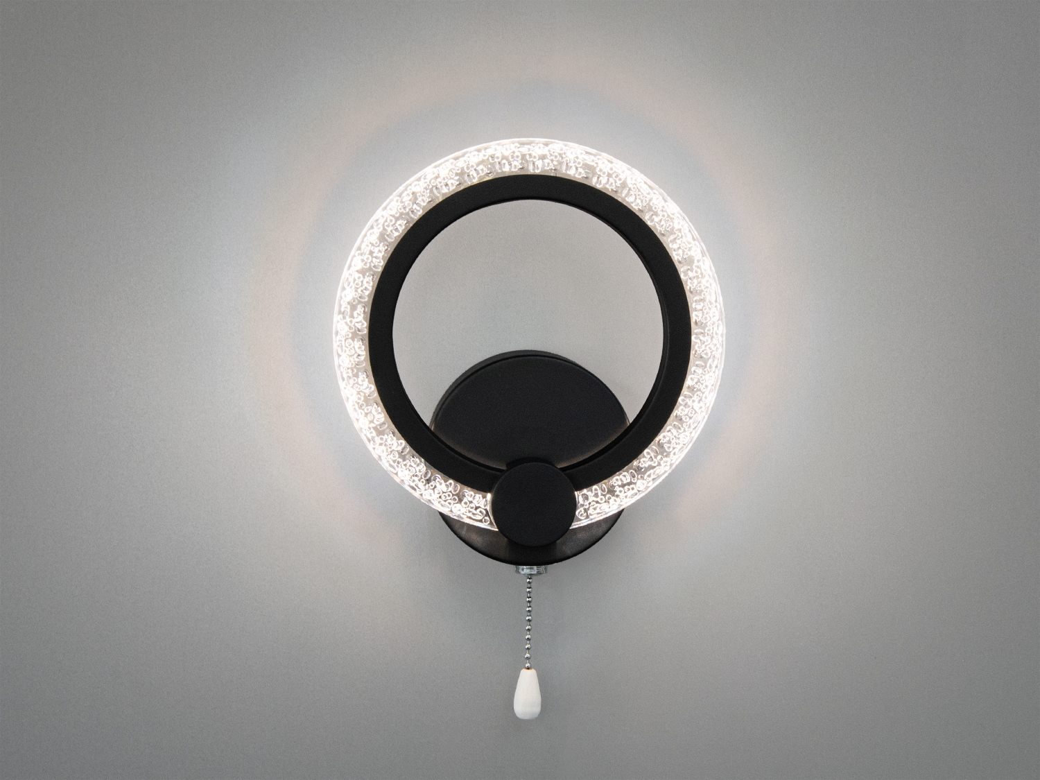Настінне LED бра чорне 12W з акриловим кільцем і трьома режимами світла 3200K 4100K 6000K. Металевий корпус, керування шнурком, для акцентного підсвічування.