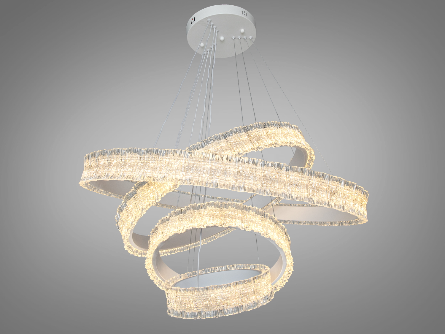 Світлодіодна підвісна люстра LED з кришталевими кільцями білого кольору та дистанційним керуванням. Ідеальна для просторих сучасних інтер’єрів.