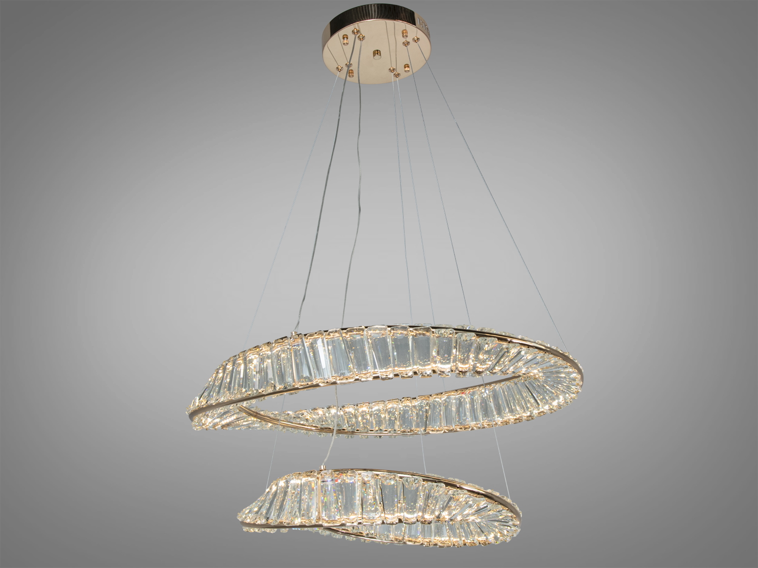 Світлодіодна підвісна люстра D8812 з двома кришталевими кільцями в золотому кольорі 86 Вт з пультом дистанційного керування для кімнат 12-15 м².