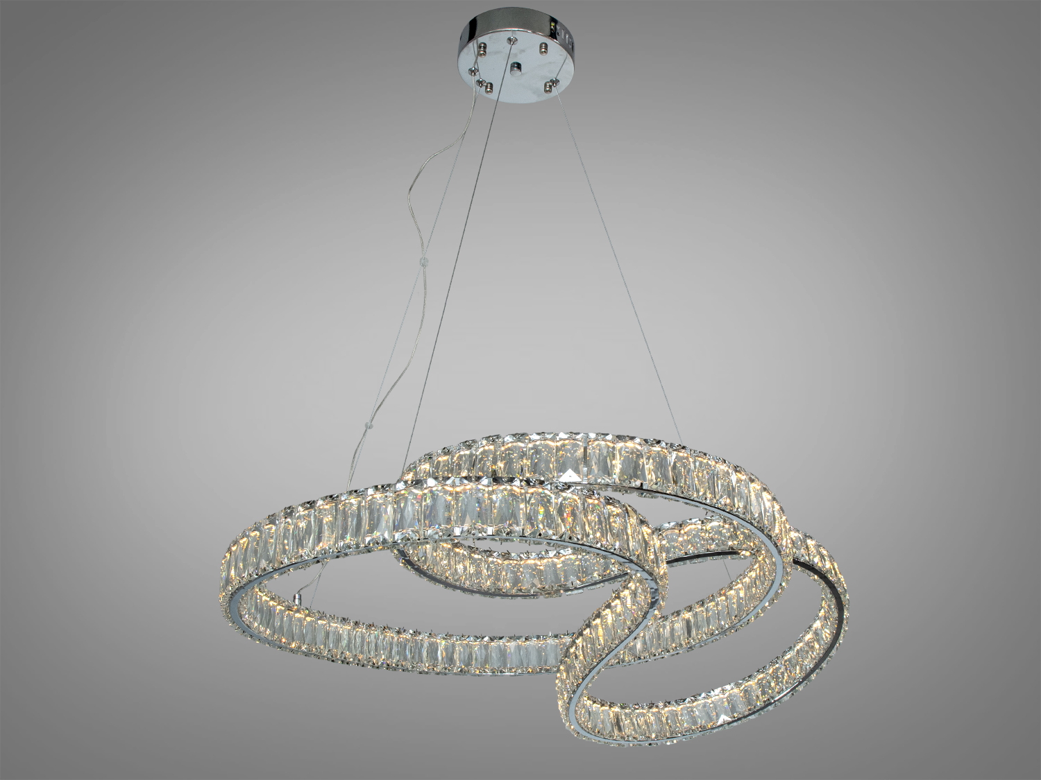 Світлодіодна підвісна люстра D8816 з трьома кришталевими кільцями, хром, 93 Вт, з пультом дистанційного керування для комфортного освітлення приміщень до 16 м².