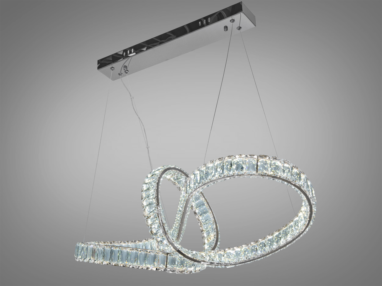 Підвісна LED люстра D8861 у хромі з кришталевими кільцями, 85 Вт, пульт дистанційного керування, для кімнат до 15 м².