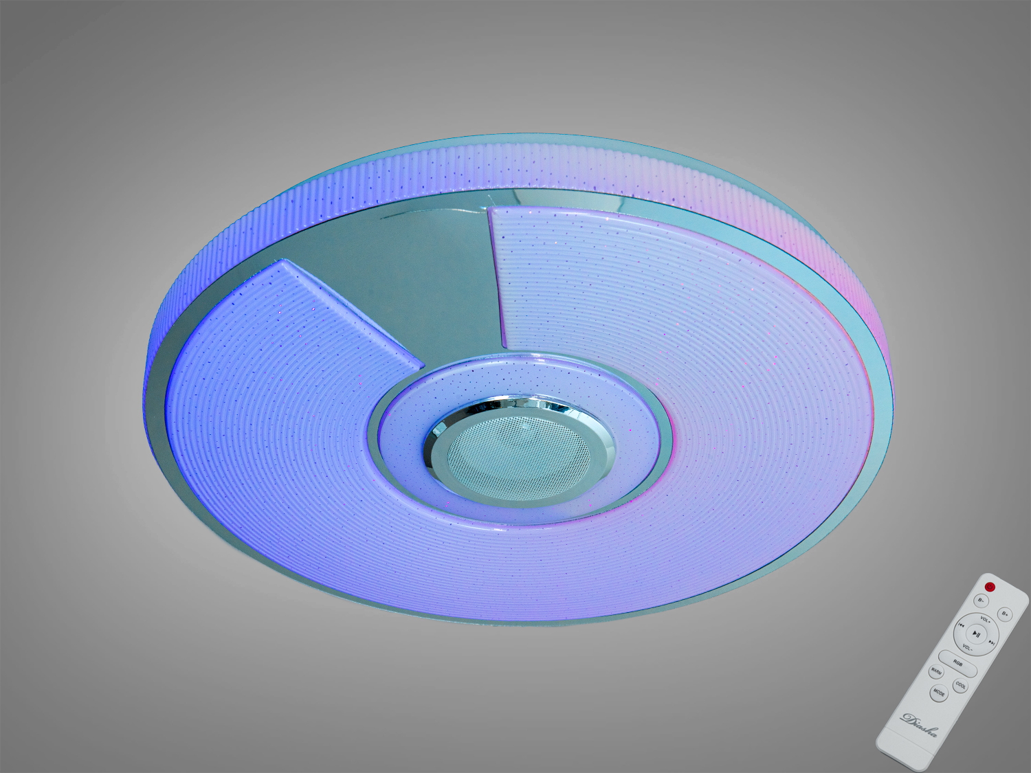 Розумний стельовий LED-світильник 80 Вт з RGB і вбудованою Bluetooth-колонкою. Керування через додаток i-Link і пульт, підходить для кімнат до ~14 м².