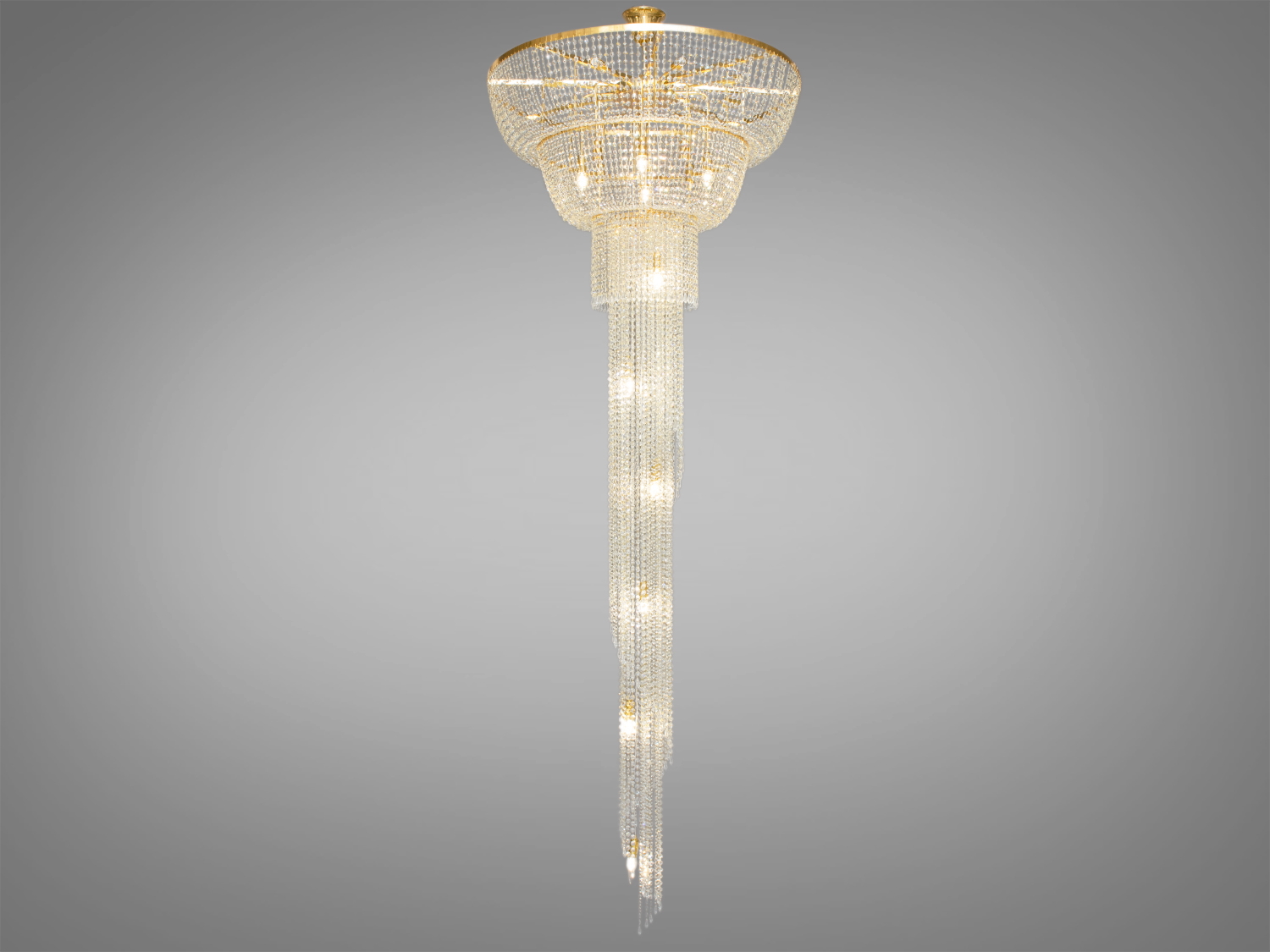Розкішна кришталева люстра ідеально підходить для використання в холах або вітальнях, сходових зонах приватних будинків, ресторанів або готелях, підкреслюючи статус та смак його власника, надаючи вишуканості інтер'єру. Кришталеві підвіски, виконані у правильній формі, створюють захоплюючий світловий ефект, граючи на світлі.
Ці класичні каскадні люстри ідеально підійдуть для використання у приміщеннях з висотою від двох з половиною до п'яти, і навіть до семи метрів.
Люстра-підвіс під лампи розжарювання, економки або світлодіодні лампи з цоколем Е14.
Можливі відхилення за відтінками кольору золота кришки та основи.
Увага. Вага люстри 28кг.