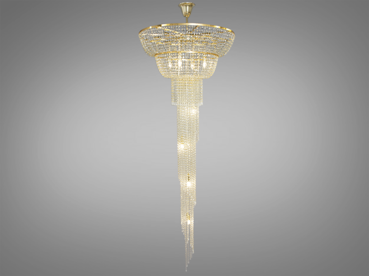 Елітна кришталева люстра для вітальні&nbsp;ідеально підходить для використання в холах або вітальнях, сходових зонах приватних будинків, ресторанів або готелях, підкреслюючи статус і смак його власника, надаючи вишуканості інтер'єру. Кришталеві підвіски, виконані у правильній формі, створюють захоплюючий світловий ефект, граючи на світлі.
Ці класичні каскадні люстри ідеально підійдуть для використання у приміщеннях з висотою від двох з половиною до п'яти, і навіть до семи метрів.
Люстра-підвіс під лампи розжарювання, економки або світлодіодні лампи з цоколем Е14.
Можливі відхилення за відтінками кольору золота кришки та основи.
Увага. Вага люстри 17кг.