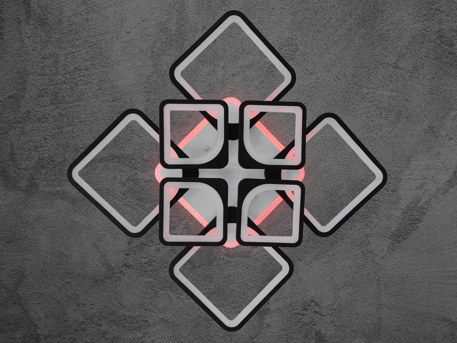 LED-люстра квадратами з пультом дистанційного керування, з димером, з LED-підсвіткою потужністю 155 Вт із лаконічним квадратним дизайном і чорним корпусом &mdash; це ідеальний вибір для тих, хто цінує стиль, функціональність і технологічність. Її геометрична форма, що ґрунтується на перетині квадратів різного розміру, створює ефект архітектурної строгості та візуальної глибини.
Ця модель органічно впишеться в інтер'єри в стилі hi-tech мінімалізм, лофт або модерн, акцентуючи увагу на чистоті ліній і актуальності форм. Її строгий чорний каркас підкреслює сучасність виробу, а вбудована LED-підсвітка додає м'яке світло, створюючи затишну й одночасно стильну атмосферу.
Світлодіодна люстра має кілька режимів: холодний (6000К), нейтральний (4100К), і теплий (3200К), синя LED-підсвітка, червона LED-підсвітка, рожева LED-підсвітка, змішаний режим &mdash; будь-яке основне світло &mdash; будь-який колір світлодіодного. Регулювання яскравості люстри від 5 до 100% здійснюється за допомогою пульта дистанційного керування, що входить до комплекту.
Світлодіоди забезпечують високий рівень освітлення за мінімального енергоспоживання. Кріплення здійснюється на монтажну планку, забезпечуючи надійність і простоту встановлення, підходить для підвісних, натяжних і звичайних стель.