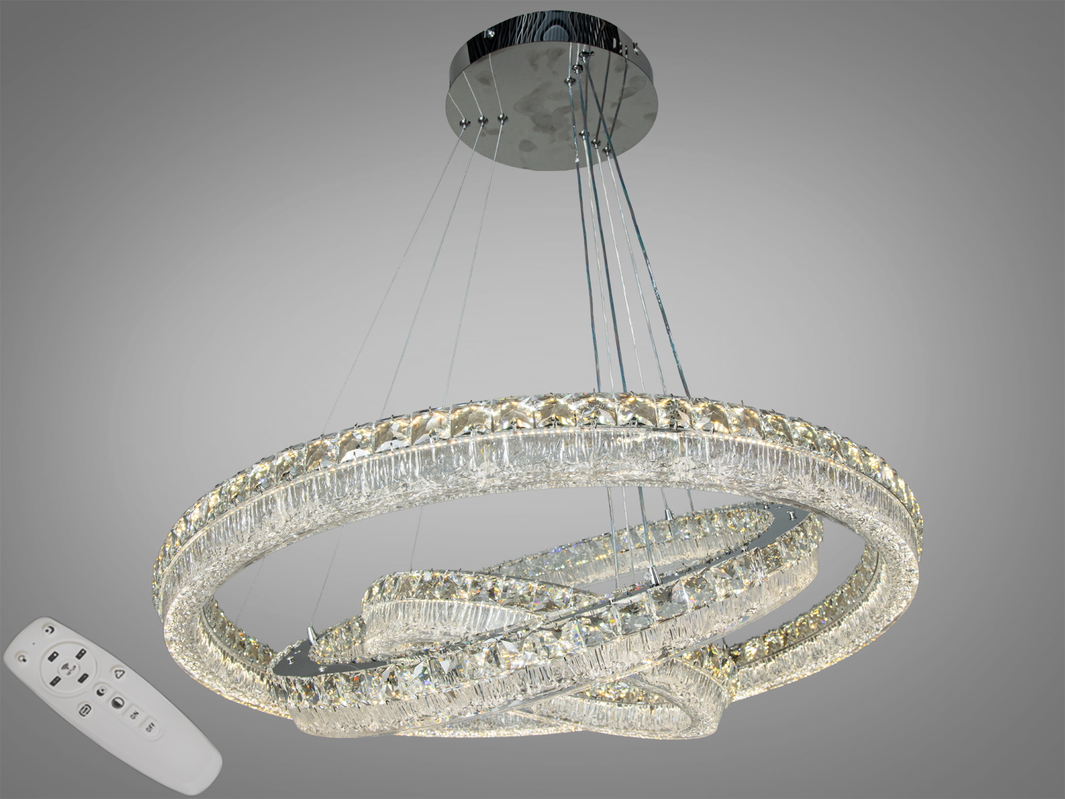 Підвісна LED-люстра 3 кільця, хром, 270Вт, до ≈14850 лм. Пульт, CCT 3200/4100/6000K. Для віталень, кухонь-студій, холів та комерційних просторів.