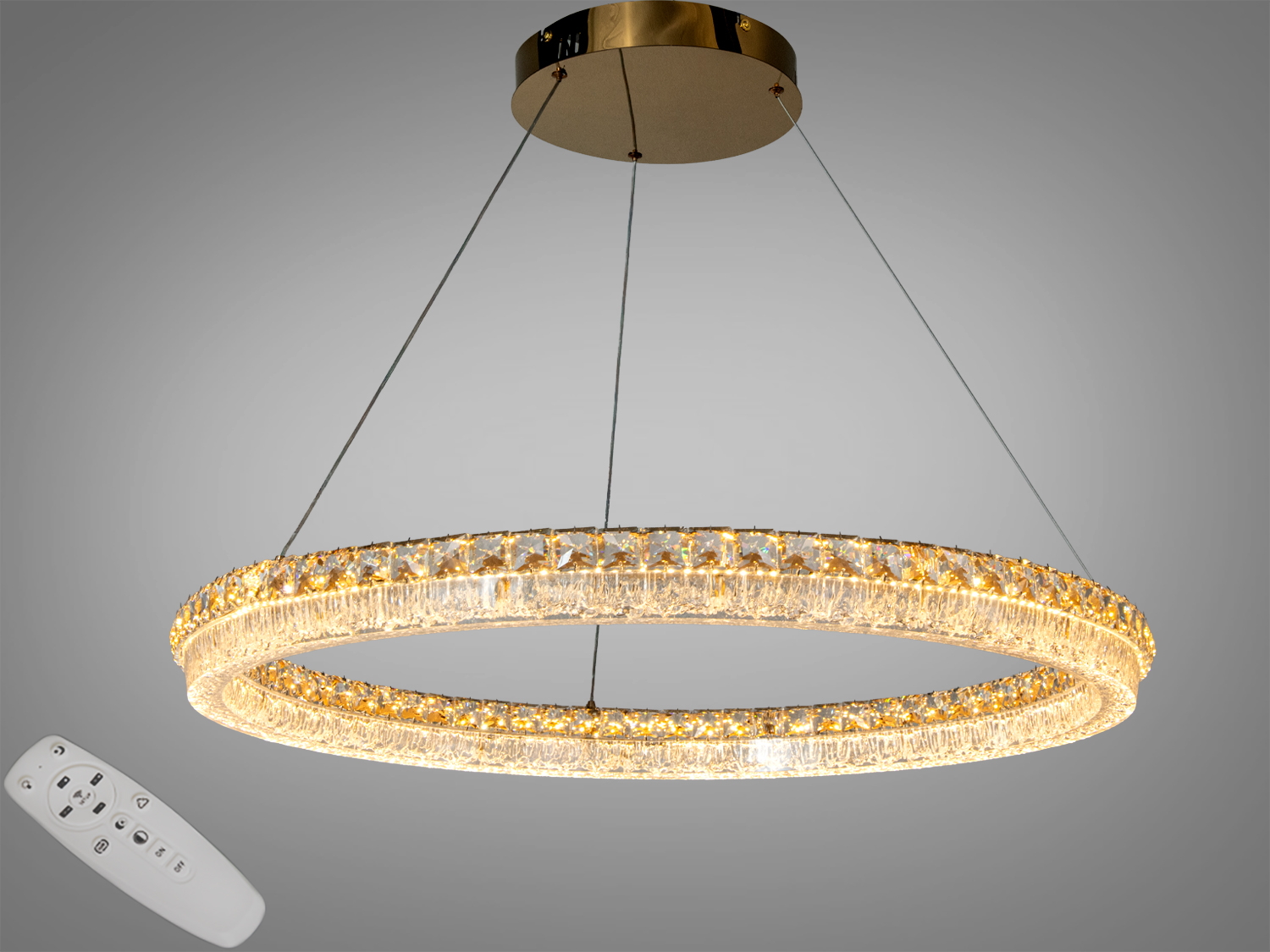 Підвісна LED люстра-кільце 130W у кольорі золото. 7150 lm, 3 температури світла 3200–6000K, пульт і вимикач, регулювання висоти. Для освітлення до 23 м².