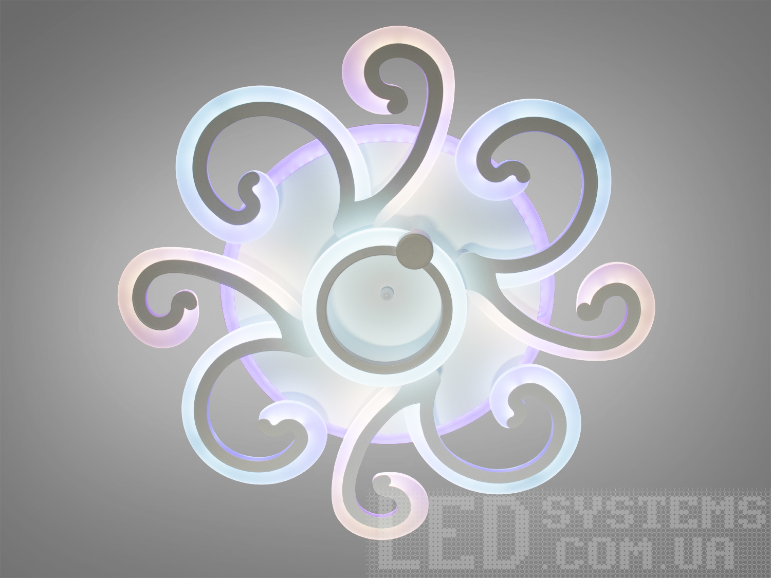 Сучасна LED-люстра в спальню з пультом, з LED підсвічуванням, з димером підходить на площу приміщення приблизно 15кв.м.
Світлодіодна люстра має кілька режимів: холодний 6400К, нейтральний 4500К, теплий 2700К, кольорове підсвічування, суміщений режим &ndash; будь-яке основне світло плюс будь-який колір світлодіодного підсвічування. Регулювання яскравості люстри від 5 до 100% відбувається за допомогою пульта дистанційного керування, що входить до комплекту.
Люстра світить яскраво, але не сліпить за рахунок матеріалу &ndash; акрилу, до того ж цей матеріал дуже міцний &ndash; його важко зашкодити. Застосовується для великої зали, вітальні, кухні-студії, спальні, їдальні, дитячої, оскільки відсутні елементи, що б'ються. Кріпиться до підвісних, натяжних, звичайних стель.