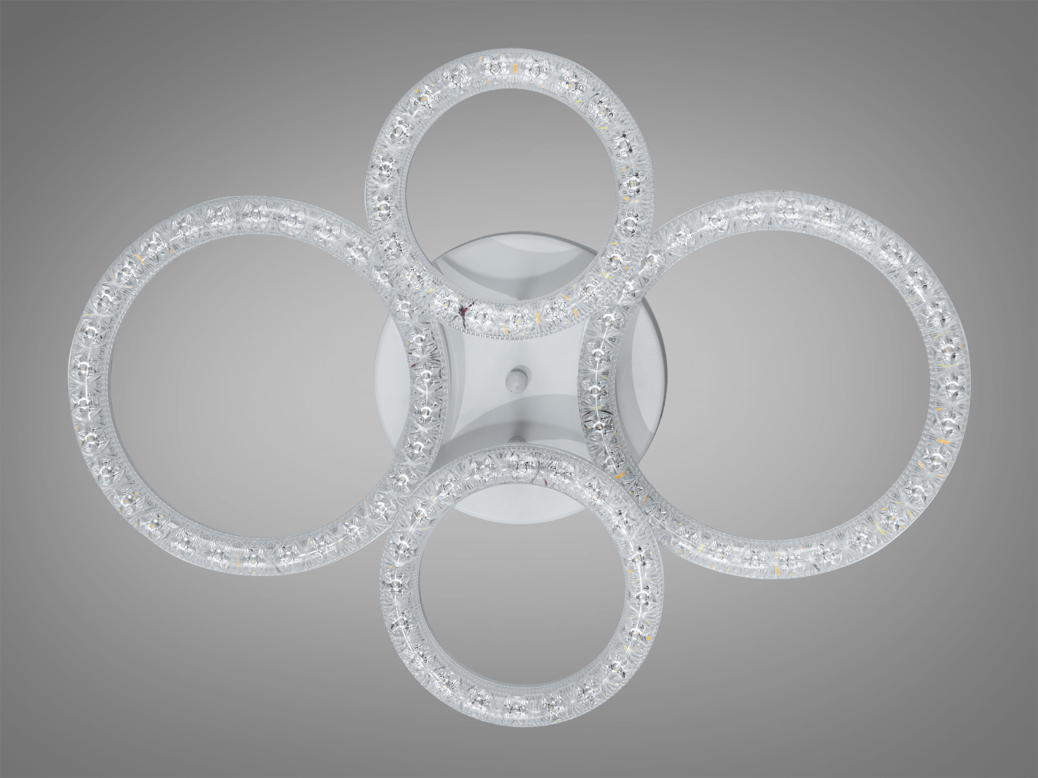 Стельова LED-люстра з чотирма кільцями у білому кольорі, сучасний дизайн, 74W потужності, ідеальна для кімнат до 13 м², енергозбереження та стильний вигляд.