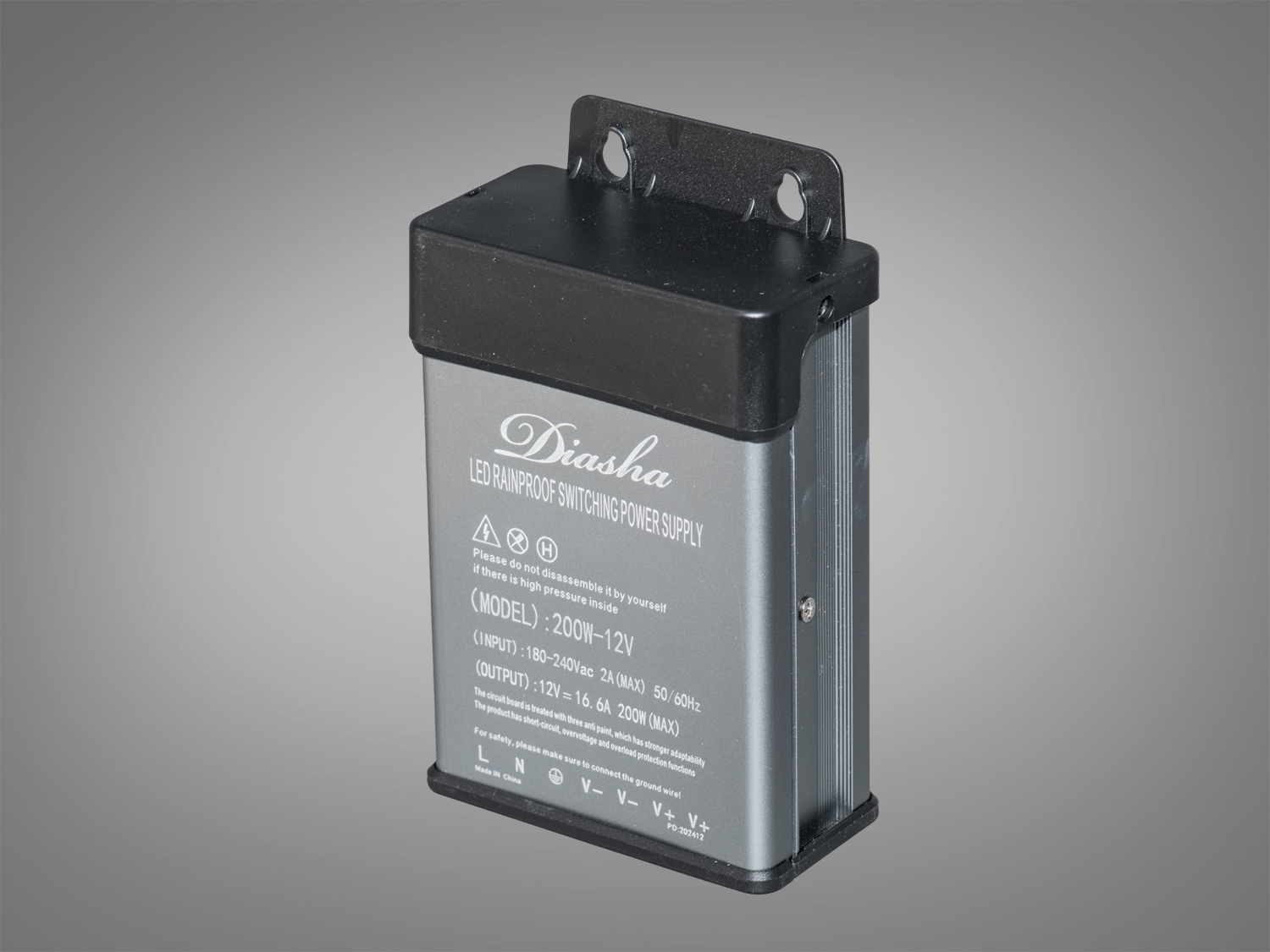 Блок живлення 12В, із захистом від дощу, 200Вт, 16.66А. Придбайте надійне джерело живлення для LED стрічок, яке поєднує великі потужність, струм, ступінь захисту, охолодження.