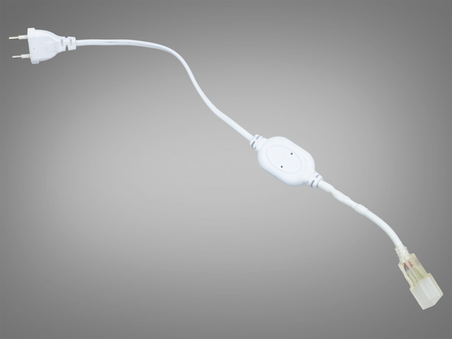 Кабель живлення для неонової стрічки 220V з білою вилкою та прозорим 2‑контактним конектором. Швидке підключення без пайки, контроль контакту, сумісність з LED неоном 220V.