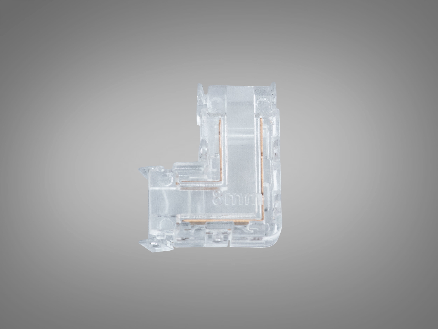 Прозорий кутовий конектор Diasha 8 мм 2 контакти для SMD і COB стрічок. Швидке кутове з’єднання без пайки та з майже непомітним стиком.