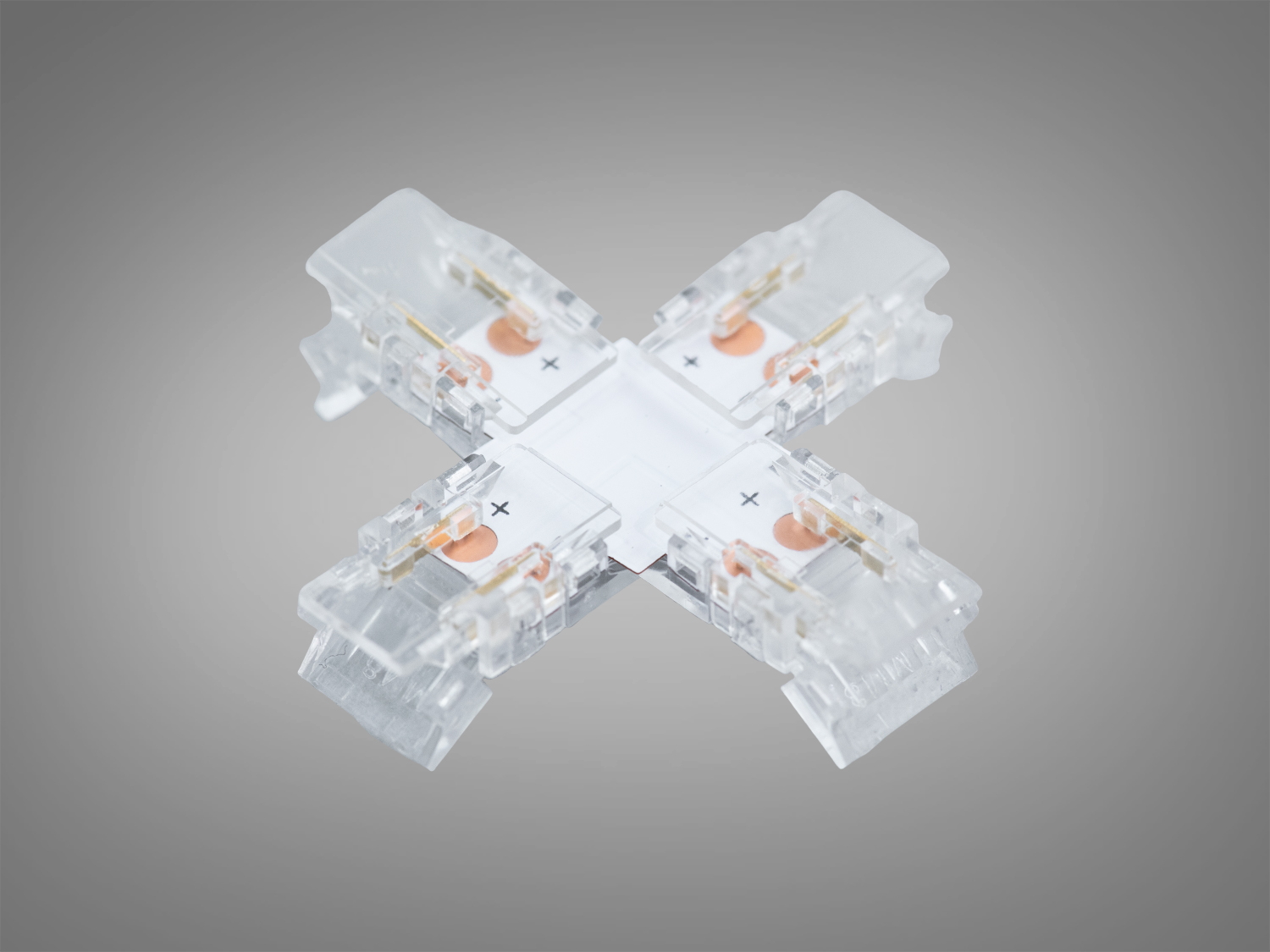 Хрестовий прозорий конектор 2 pin для 8 мм SMD і COB LED стрічок. Монтаж без пайки, пробивний контакт IDC, акуратний безшовний стик.